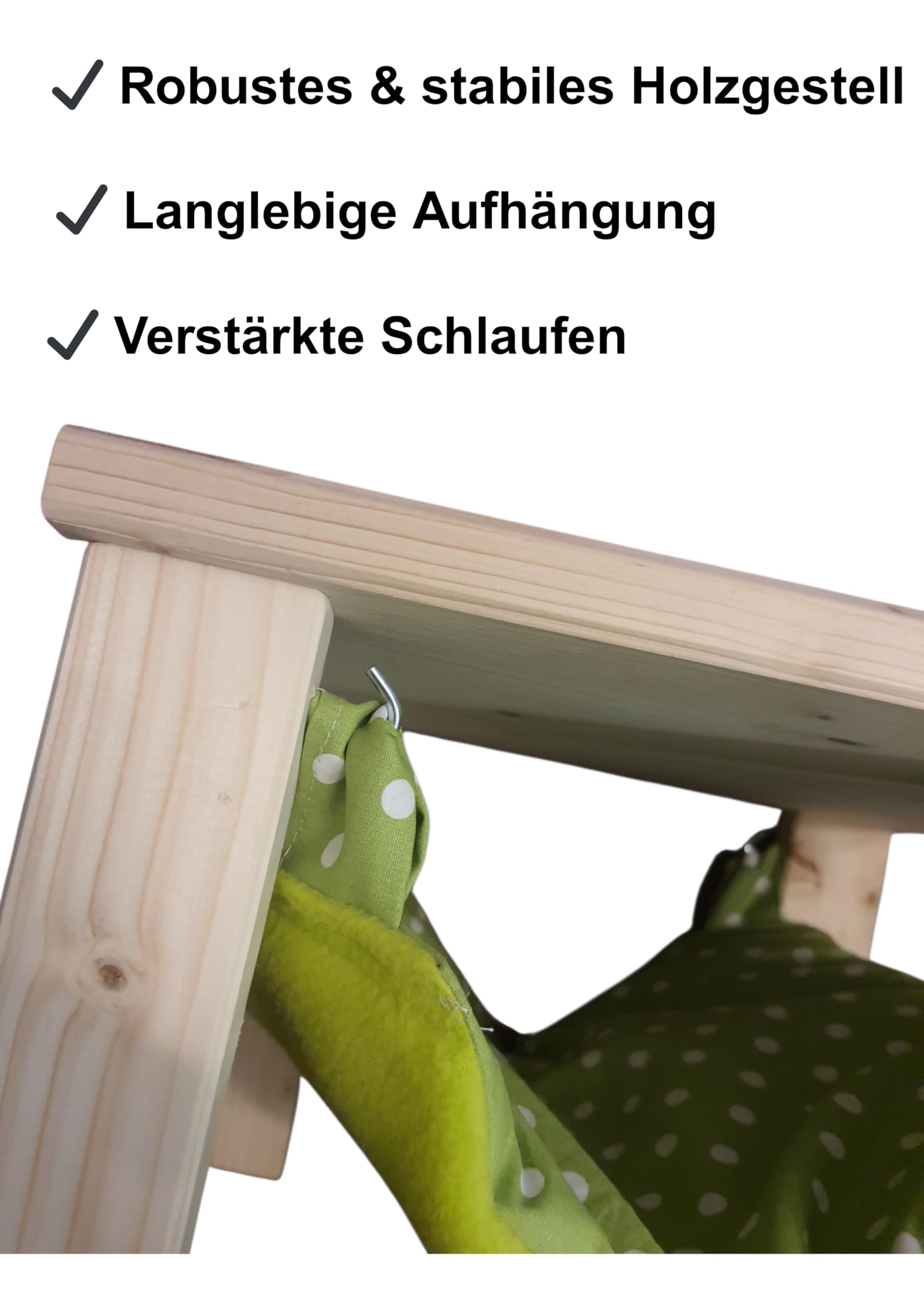 Meerschweinchen-Hängematte mit Holzgestell – montiert geliefert – Handgemacht – Kuschelhängematte für Kleintiere – grün mit weißen Punkten