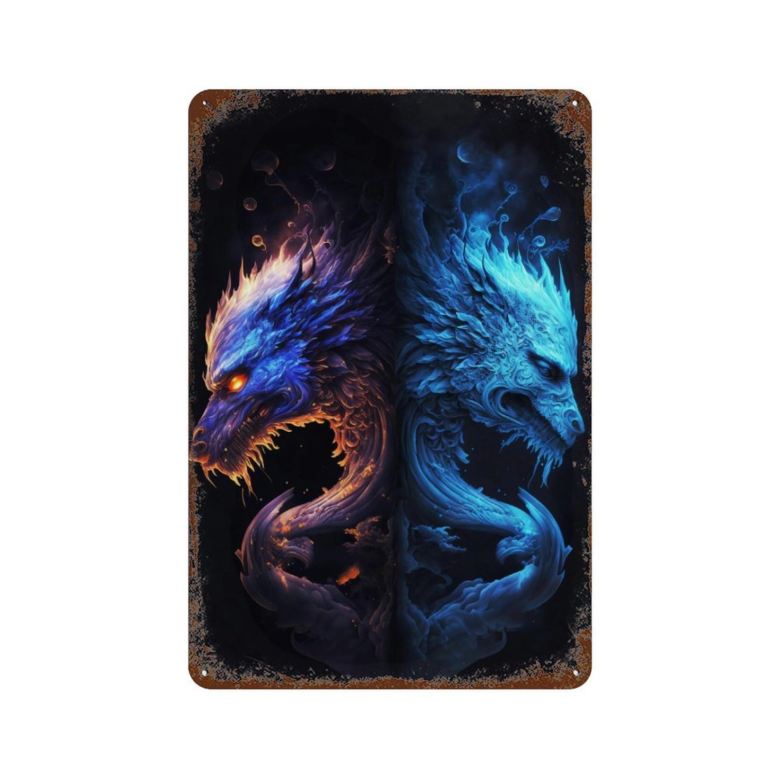Garage Style Fire & Ice Fantasy Dragon Artwork Aged Metal Wall Plaque 11.8"x7.9", Industrial Home Decor for Bar And Workshop
