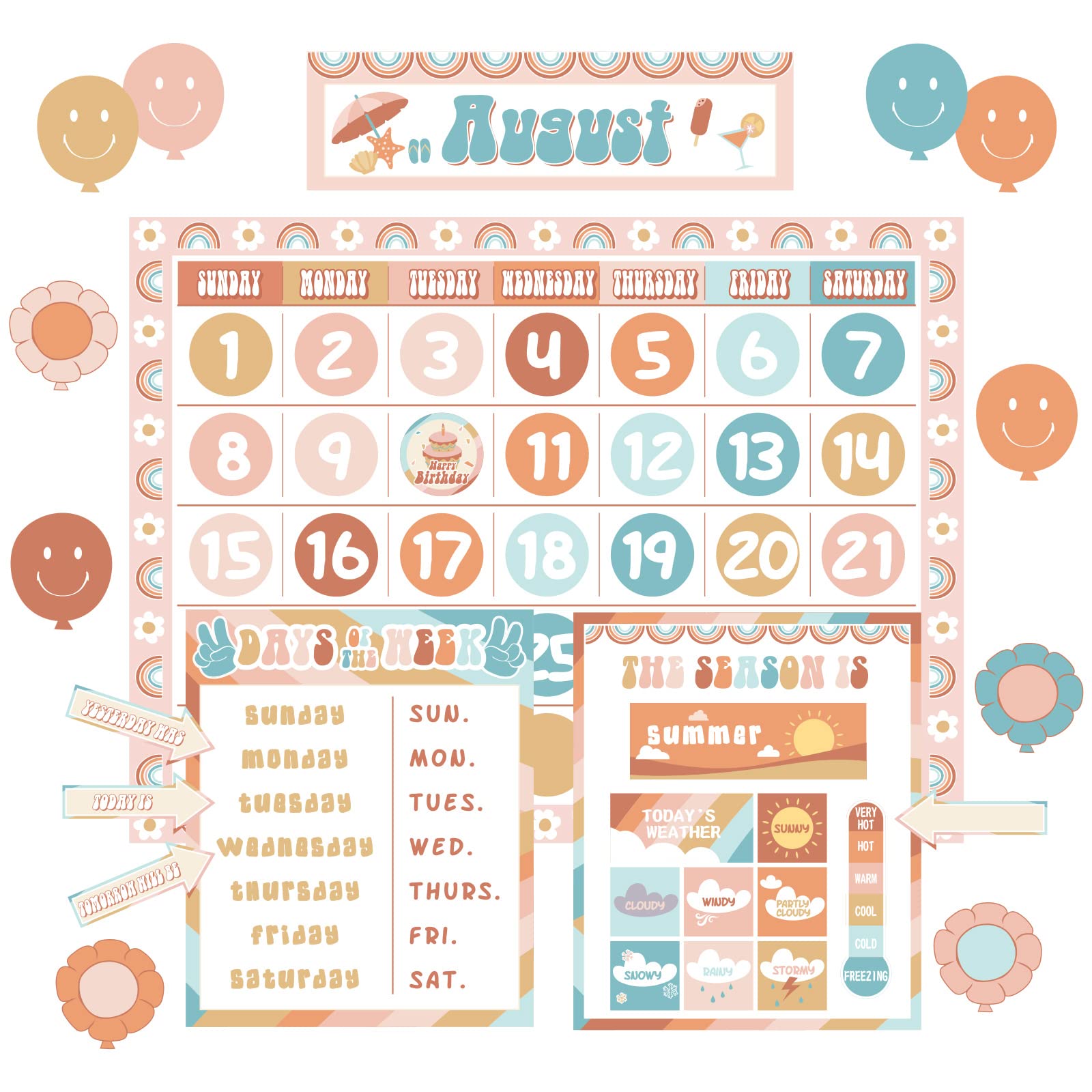 Groovy Calendar Bulletin Board Set Decorations Retro Hippie Calendar Seasons Weather Chart CTP Bulletin Board Paper-Cuts Boho Hippie Wall Decals for Nursery Elementary Middle School Classroom Decor