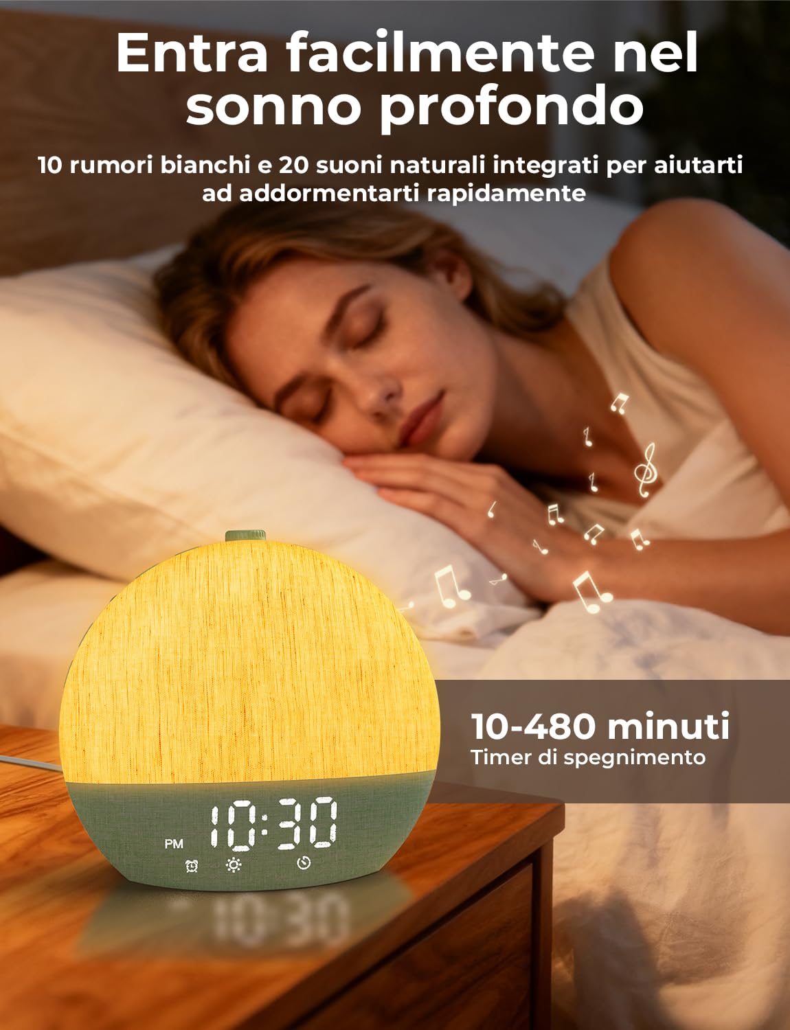 LIORQUE Sveglia Luminosa con Simulazione Alba, Sveglia da Comodino | Bluetooth, Rumore Bianco, 30 Suoni Rilassanti, Timer Spegnimento, Design Senza Schermo, Luce Notturna Regolabile