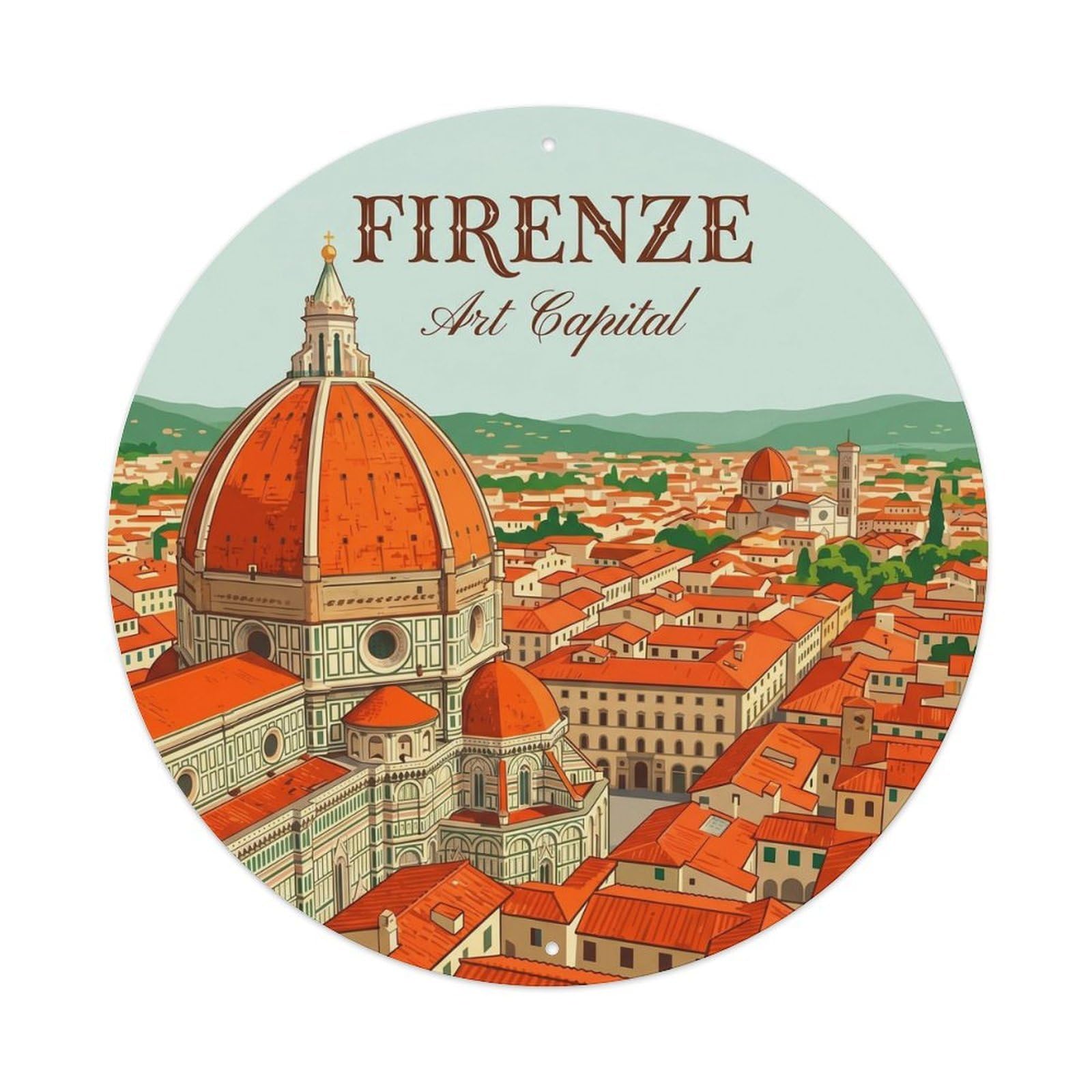 Vintage Travel Florence Cathedral Tuscany Metal Tin Sign Plaque Wall Decor for Cafe, Club, Garden Round Metal Poster 8x8Inch