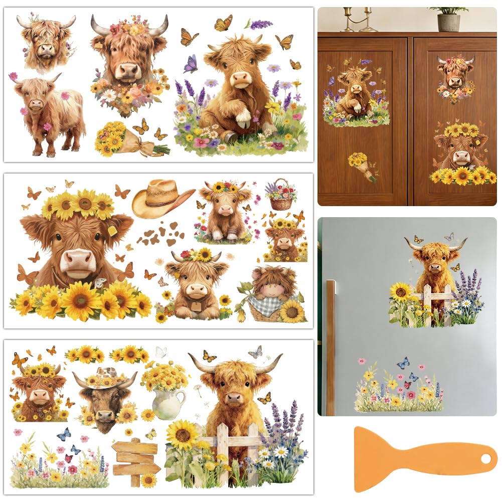 PRESSINART 3 Sheets Highland Cow Rub on Transfers for Furniture Craft Decor 6"x12" Cow Sunflower Pattern Waterproof UV DTF Furniture Trasfer Stickers Decals for Drawer Dresser Glass Wood Plastic Decor