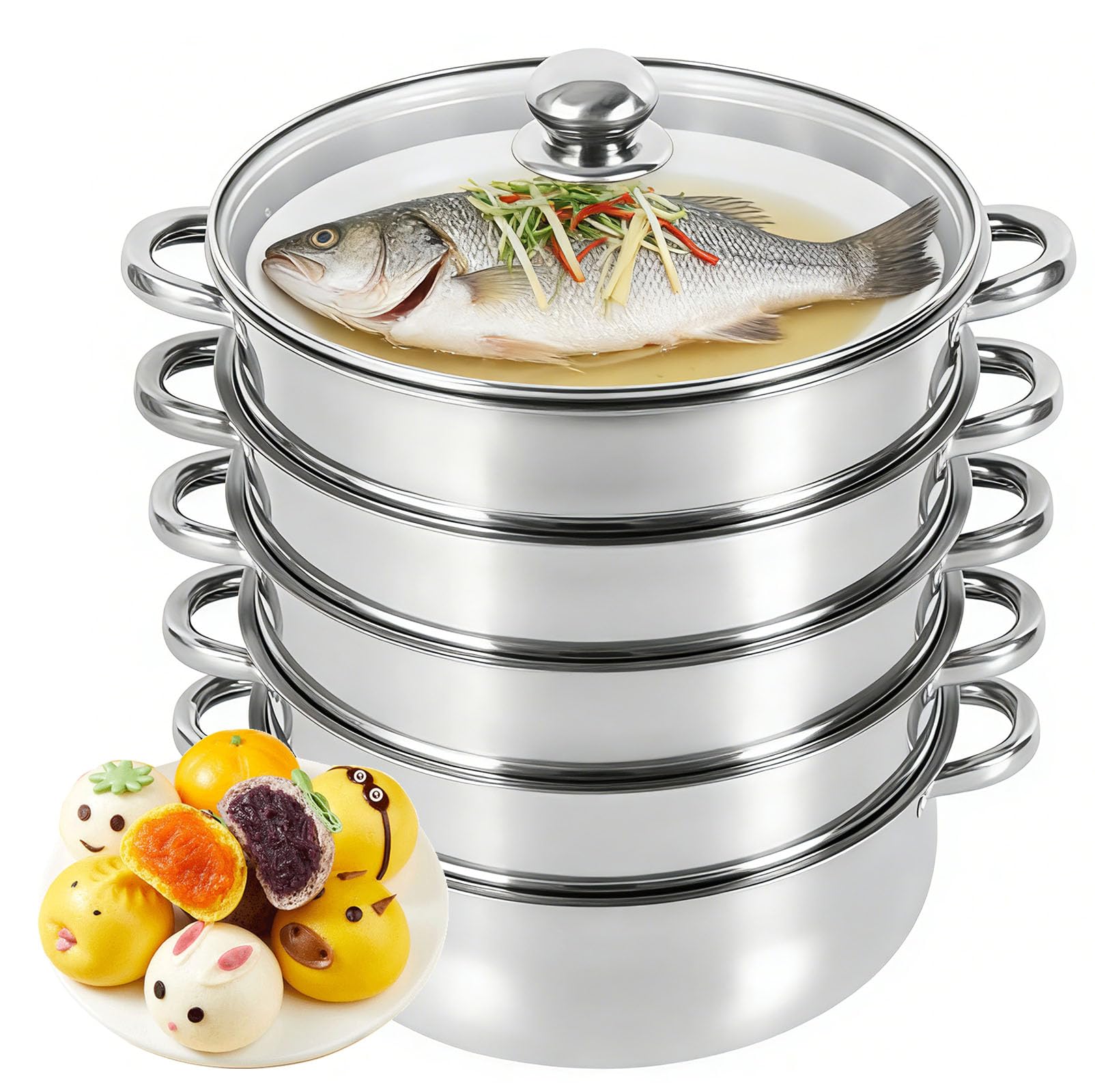 Vaporera Acero Inoxidable con Tapa Vristal, Olla Presión Verduras Grande Hogar 5 Capas Duradera, Ollas Vaporera Cocinar Vapor Cocinar Vapor Steamer Cooking para Cocinar Verduras Mariscos Sopas Guisos