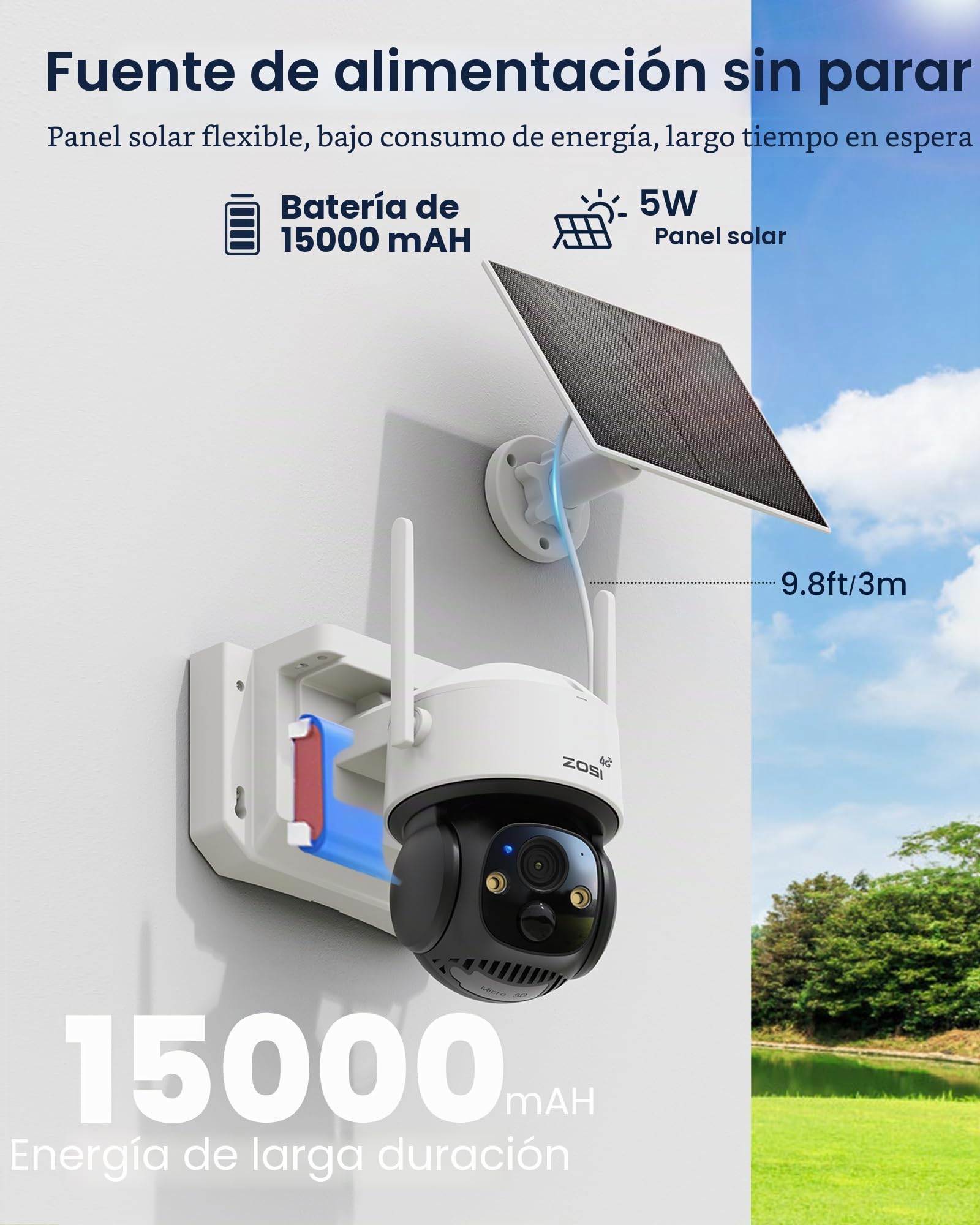 ZOSI 4MP Cámara 4G LTE Batería Exterior con Panel Solar, Cámara Vigilancia sin Internet PT 360°, Tarjeta SIM Integrada para Datos Ilimitados, Detección de Persona, Audio Bidireccional, Tarjeta 32G