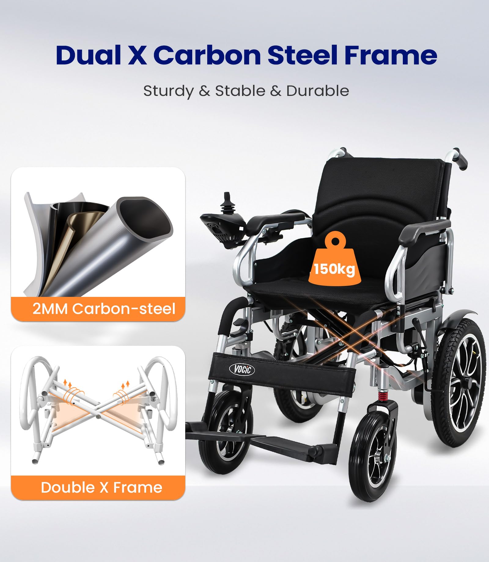 VOCIC V56 Silla de ruedas electrica plegable ligera 150KG,30KM silla ruedas electrico con neumáticos de goma 40CM para todos los terrenos,Estable y fuerte,Aprobado por la aerolínea|Garantía de 5 años