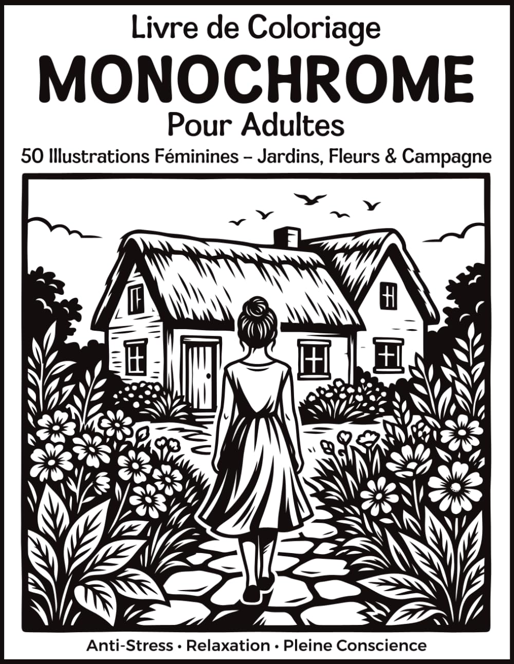 Livre de Coloriage Monochrome pour Adultes - Jardins & Campagne: 50 Illustrations Féminines en Une Seule Couleur – Fleurs, Nature Champêtre & Moments ... pour l'Anti-Stress et la Pleine Conscience