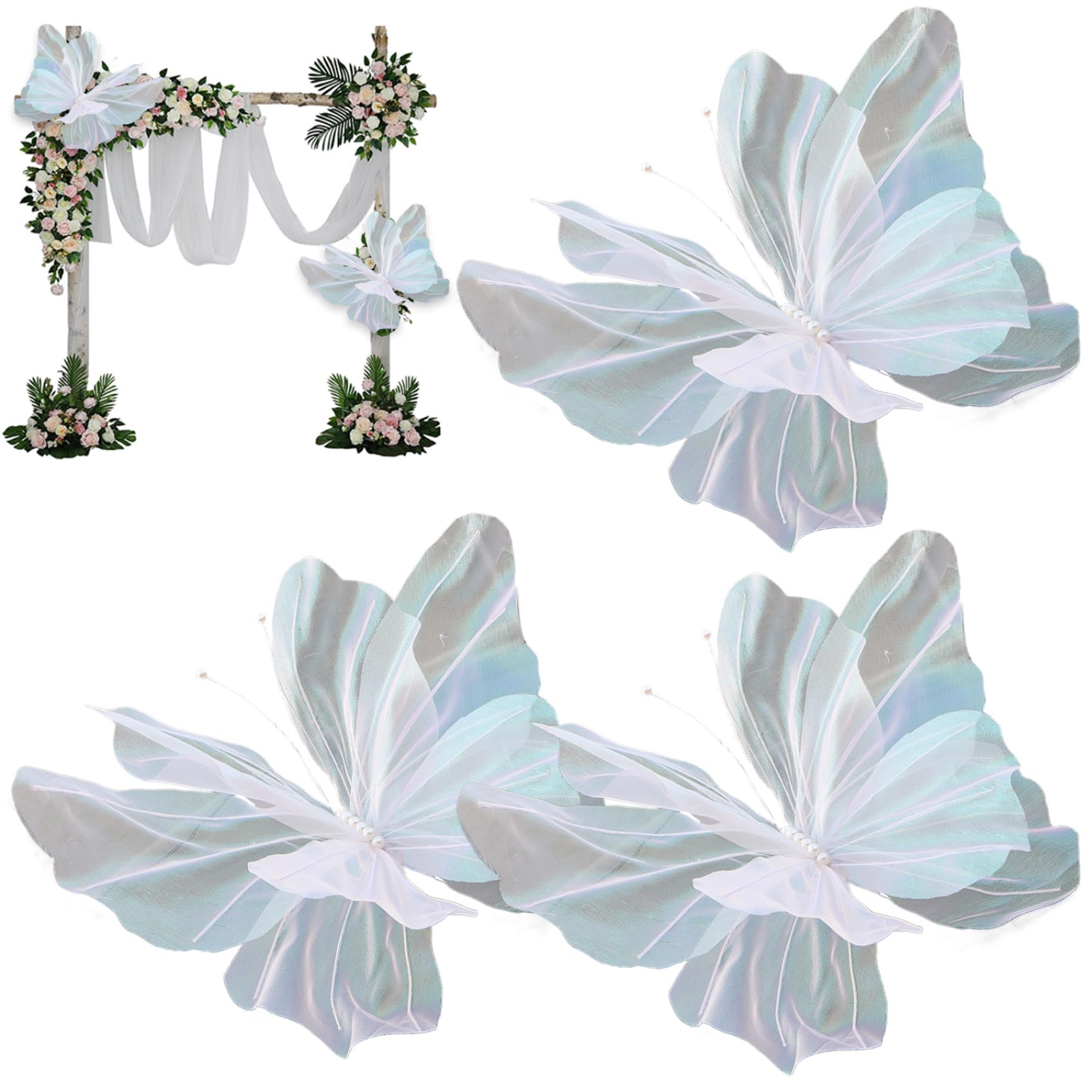Ferricult White Large Butterfly Decorations, 3Pcs 20Inch Giant Gauze Artificial Butterflies Wedding Decor, Big Butterfly For Diy Crafts Photography Wedding Birthday Party Decoration (White)