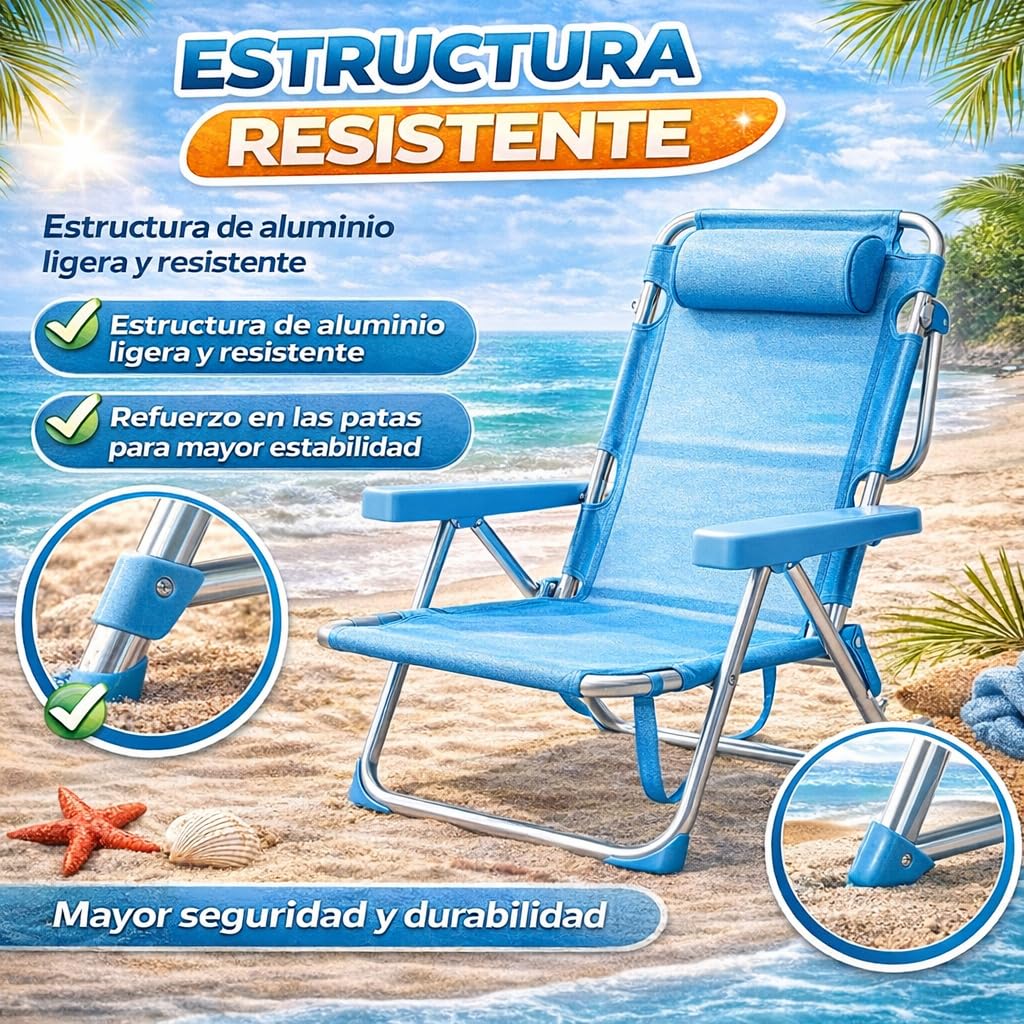 TIENDA EURASIA – Silla de Playa Plegable | Azul Turquesa | Estructura de Aluminio y Textileno | 4 Posiciones | con Cojín reposacabezas | Medidas 60x22x85.5 cm | para Peso Máximo de 110Kg
