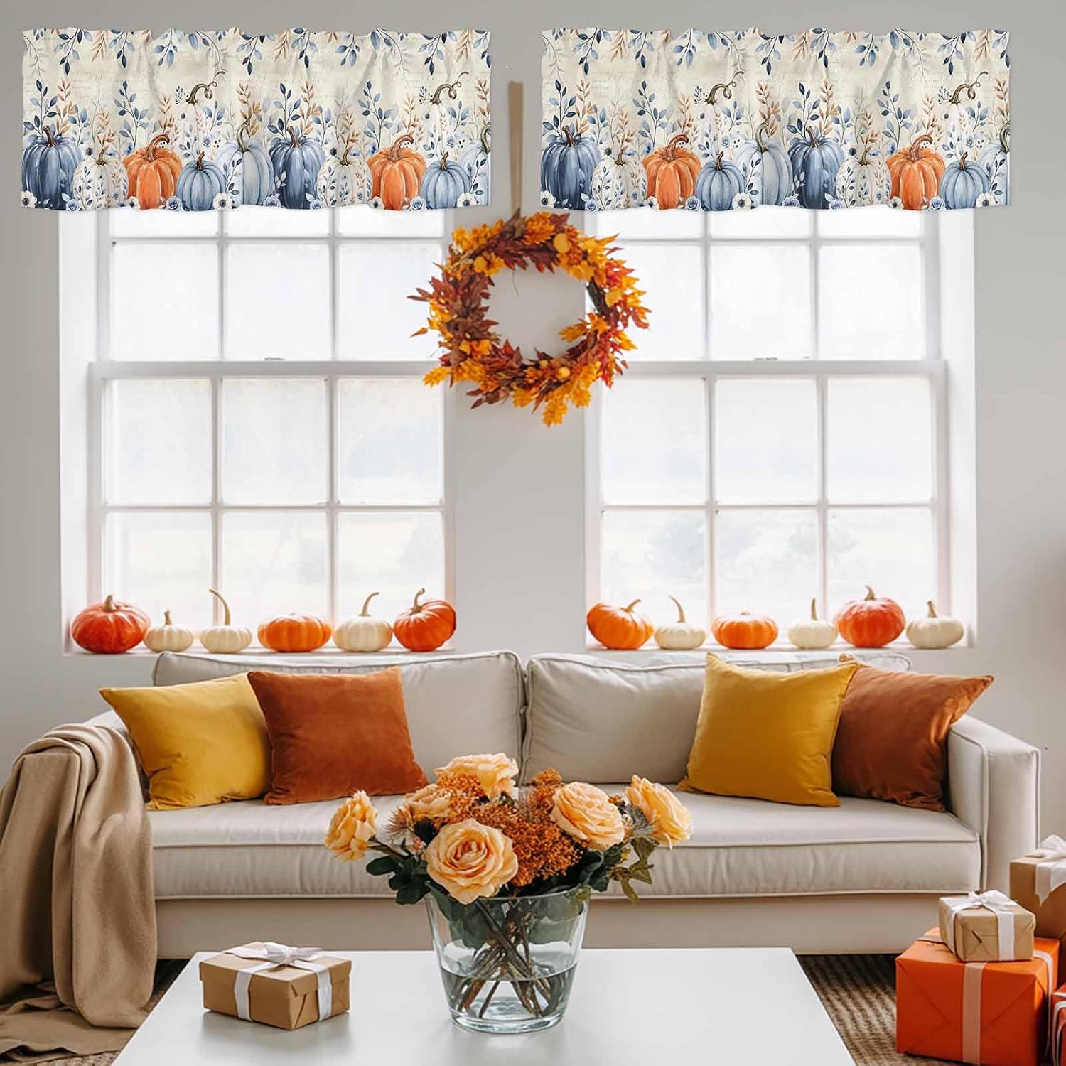 Orange Blue Pumpkins Fall Curtain Valance 54" x 18", Thanksgiving Window Valances Rod Pocket Curtains Drapes, Vintage Eucalyptus Leaves Short Topper Curtain for Kitchen Cafe Living Room, 1 Panel