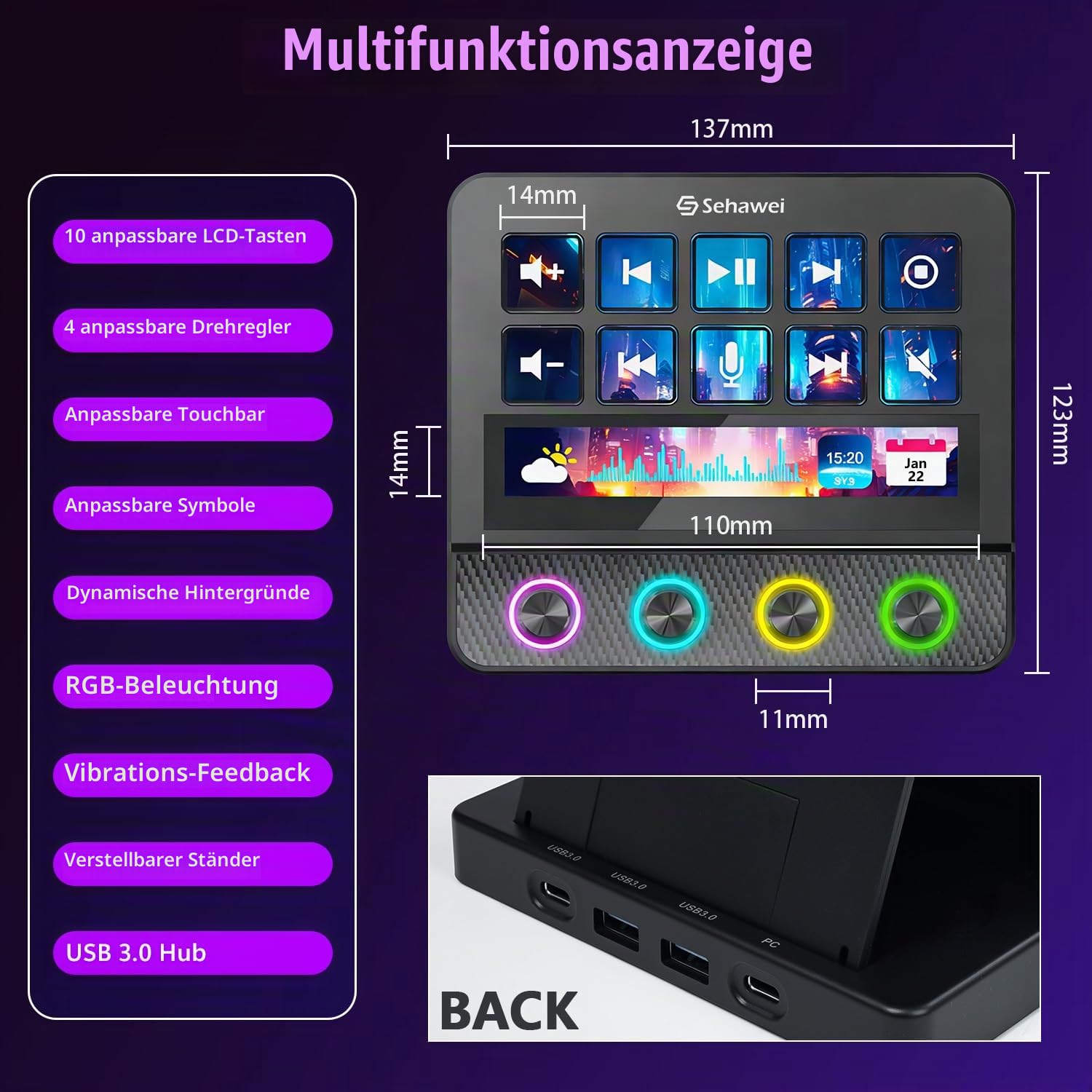 Sehawei Stream Controller Deck,Upgraded Audiomixer für Mac und PC | Live Produktion und Studio-Controller,für Content Creators, Gaming, mit anpassbarer Touch-Leiste, Drehreglern und LCD-Tasten