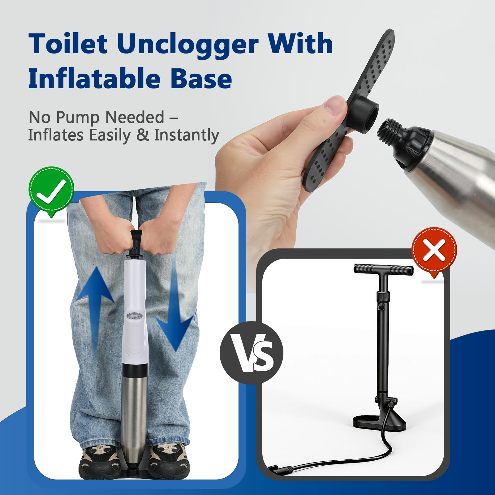 Vienki Toilet Plunger, High Pressure Toilet Plunger – Air Drain Unclogger Blaster with Visual Barometer, Heavy Duty Plungers for Bathroom Toilet, Floor, Kitchen Sink & Plumbing Clogs, Stainless Steel — view 5