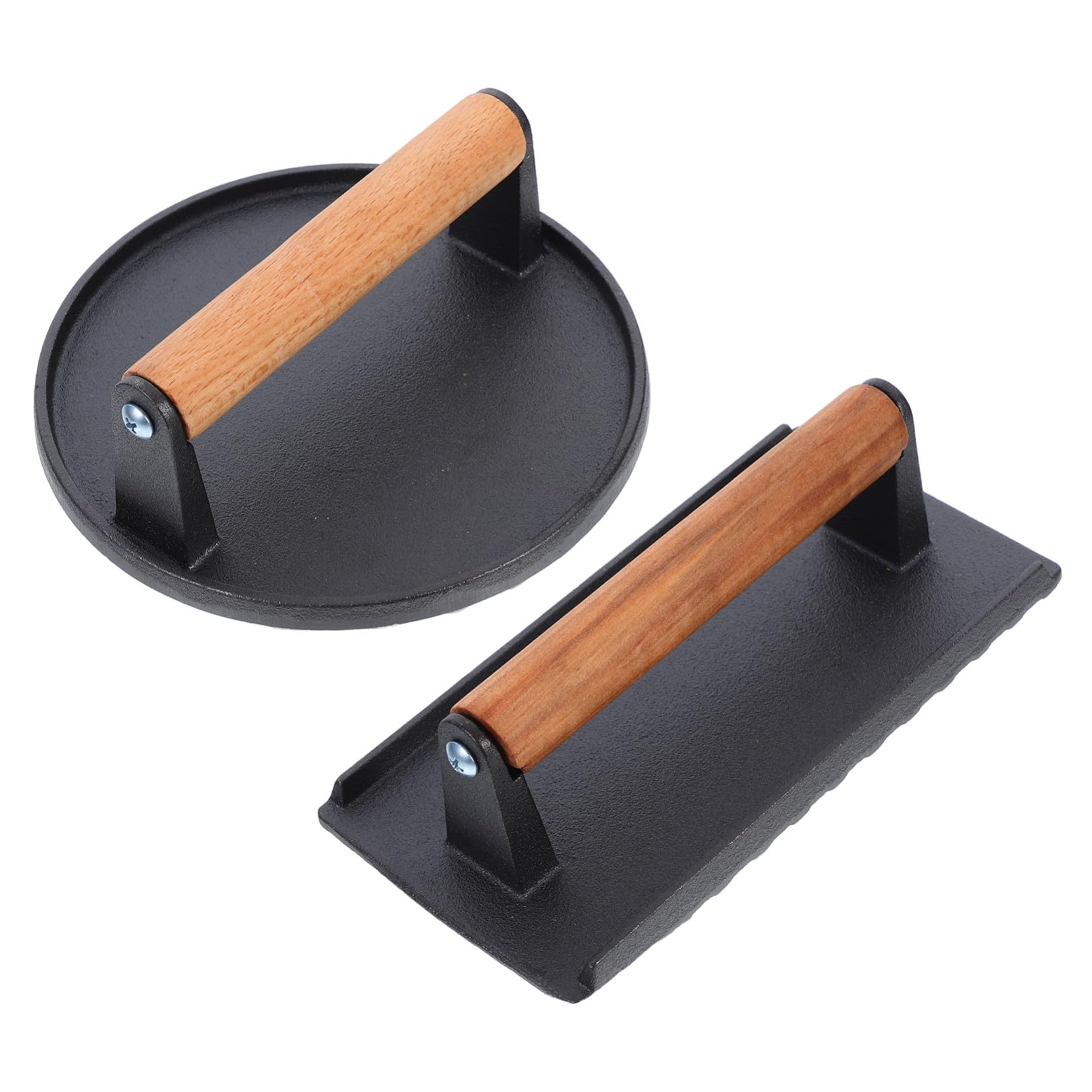 Prensa para Parrilla Fácil y Uniforme para Hamburguesas y Sándwiches de Hierro Fundido con Mango de Madera 2 Piezas, Superficie Antiadherente y Fondo Ranurado