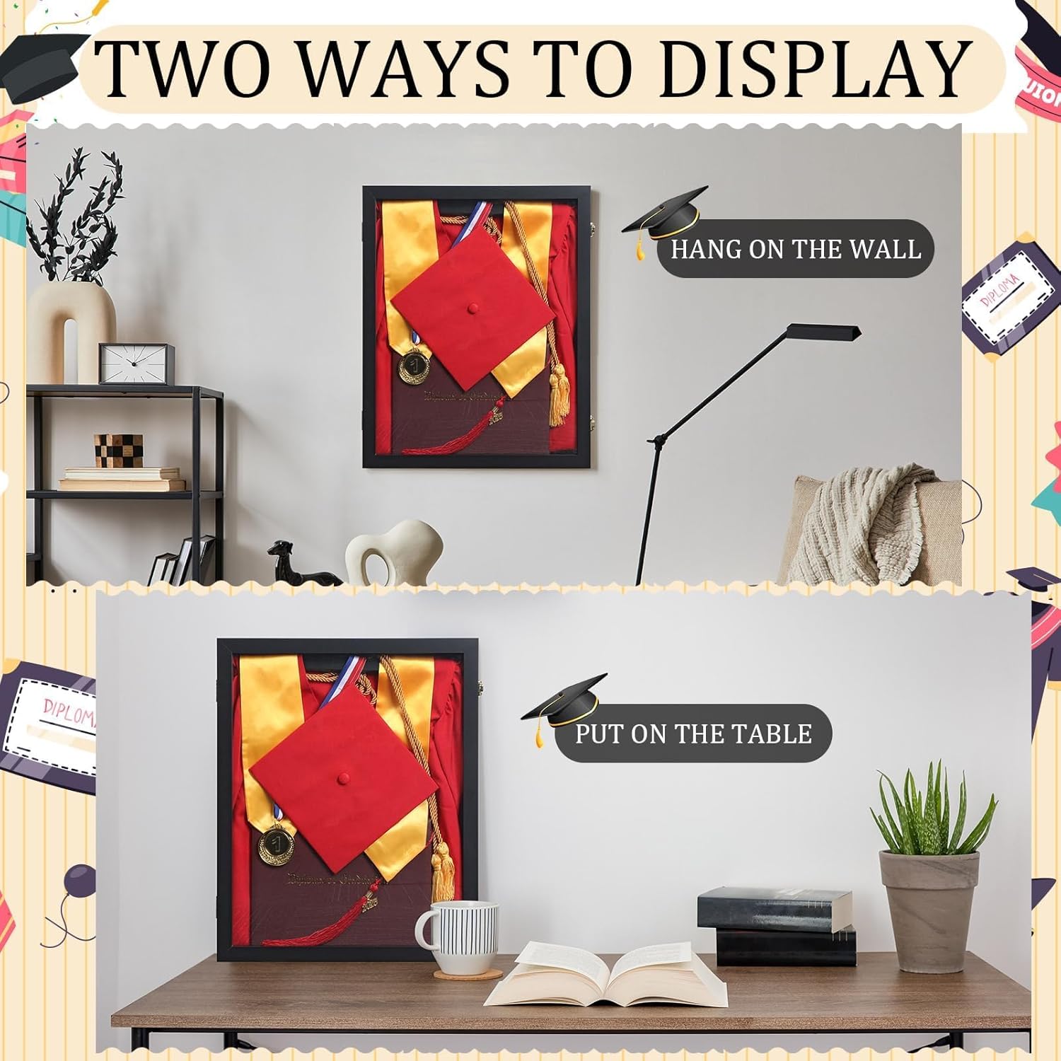17"x21" Graduation Shadow Box Frame Large Wood Graduation Frame for Cap Gown Diploma Stole Cords Black Wood Display Case for Keepsakes with Stick Pins & Hanging Hardware for Tabletop and Wall Display