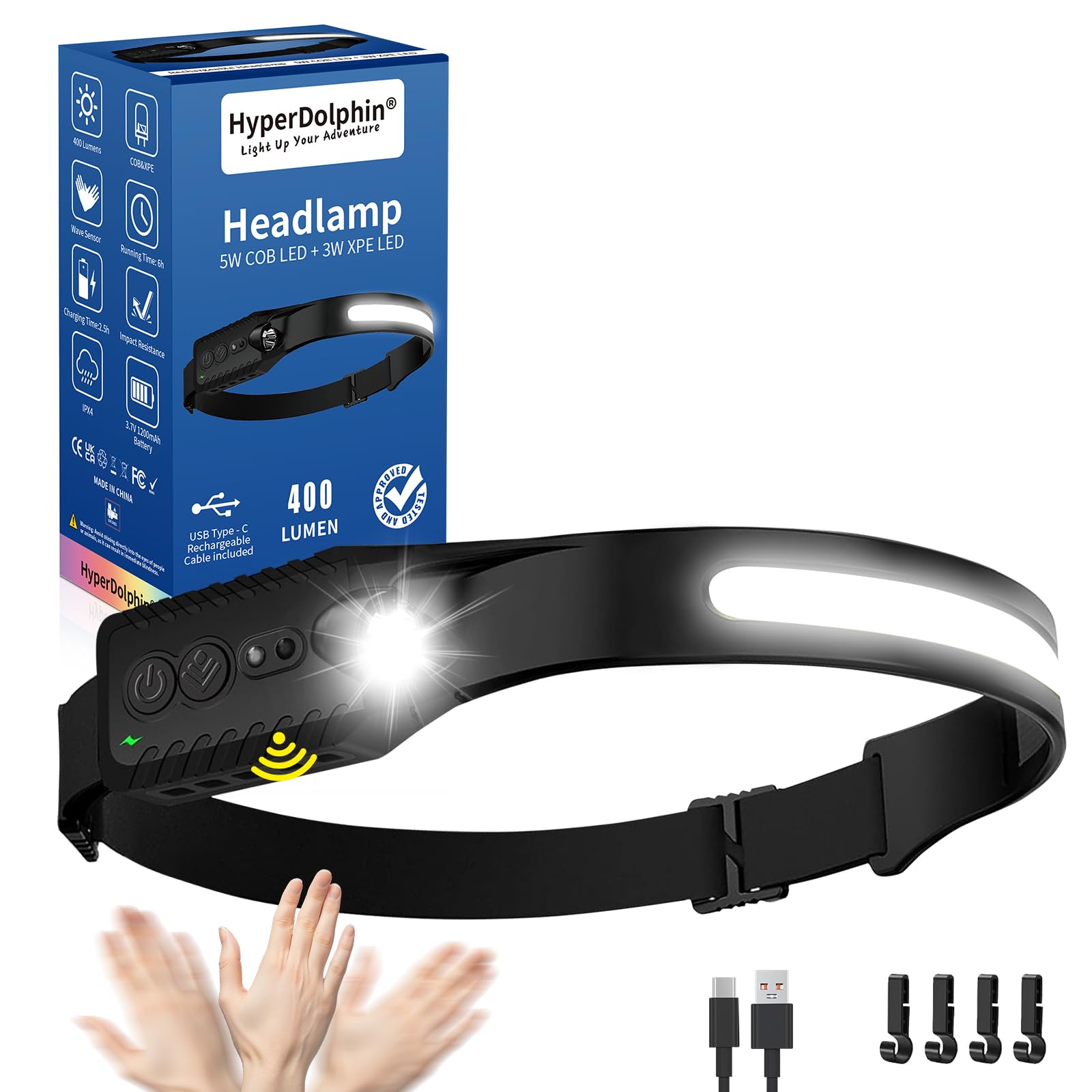 Stirnlampe LED Wiederaufladbar, Kopflampe mit Breitstrahl Stirnleuchte Aufladbar, stirnlampen, adventure light, 230 grad, usb c, 400 Lumen, 5 Modi, Bewegungssensor, Wasserdicht, Angeln Joggen