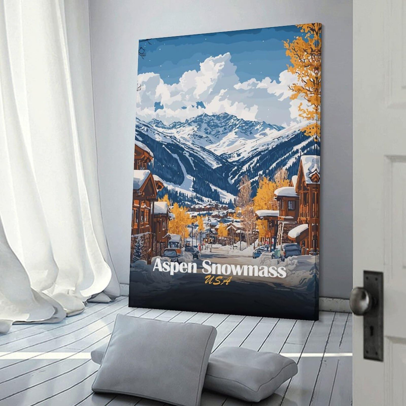 Junmoney Canvas Art Print Aspen Snowmass Winter Scene, 24x36inch(60x90cm), for Home Office, Desk Area Or Studio, Wall Art That Adds Style to Work Areas