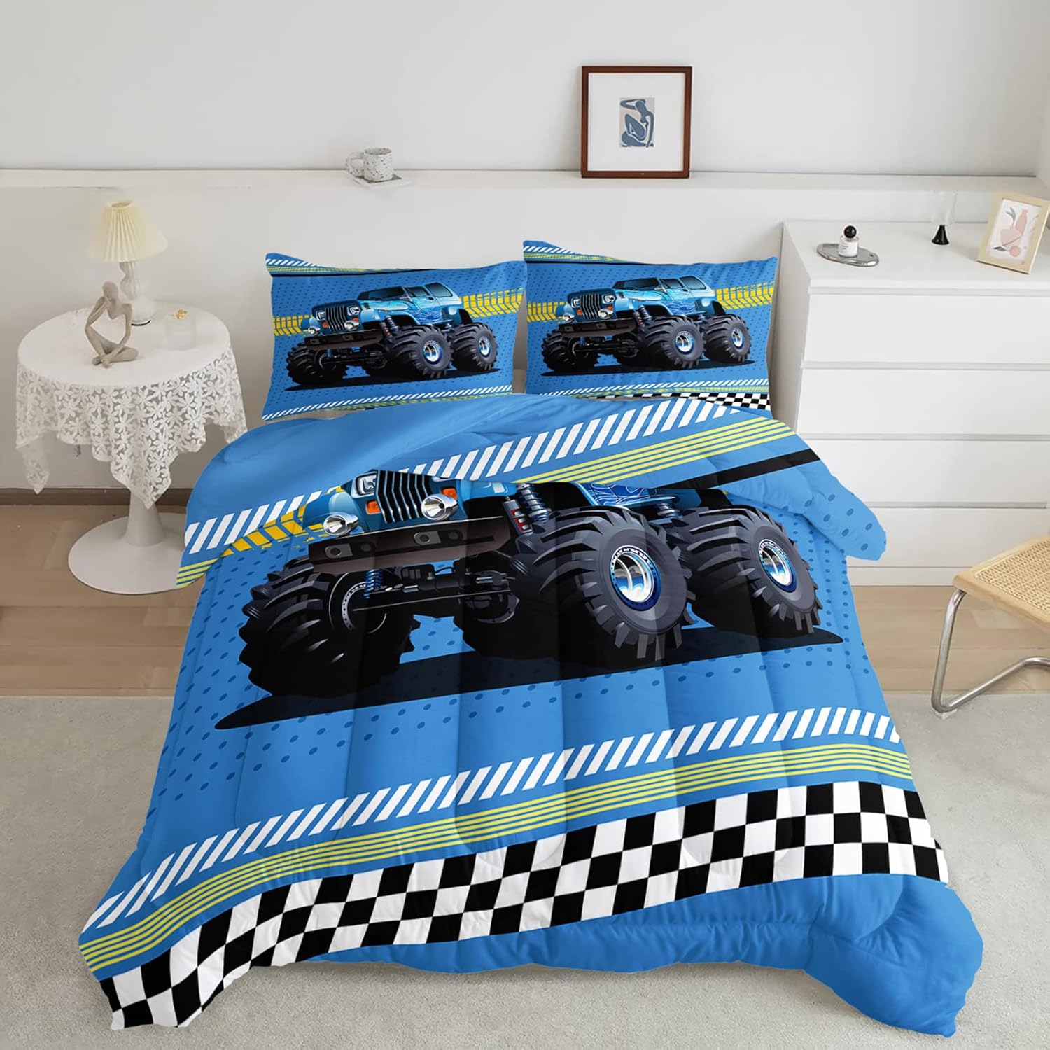 BSNTHO Monster Truck Comforter for Boys Queen Size,Cars