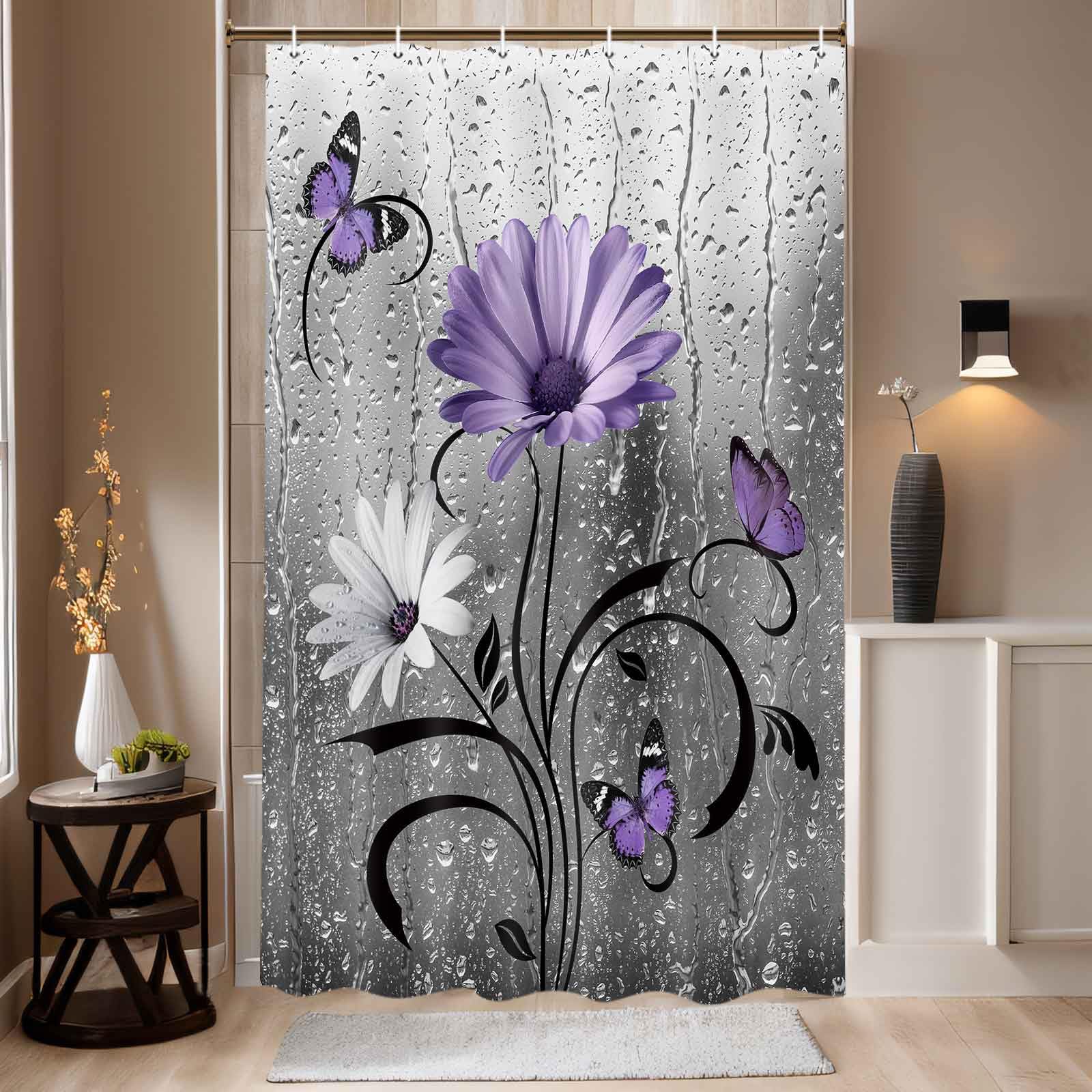Uokiuki Rustic Purple Floral Boho Shower Curtain, Country Farmhouse Daisy Flowers and Butterfly Shower Curtains for Bathroom, Grey Gray Violet Surreal Floral Bathroom Decor with 12PCS Hooks, 47X64IN