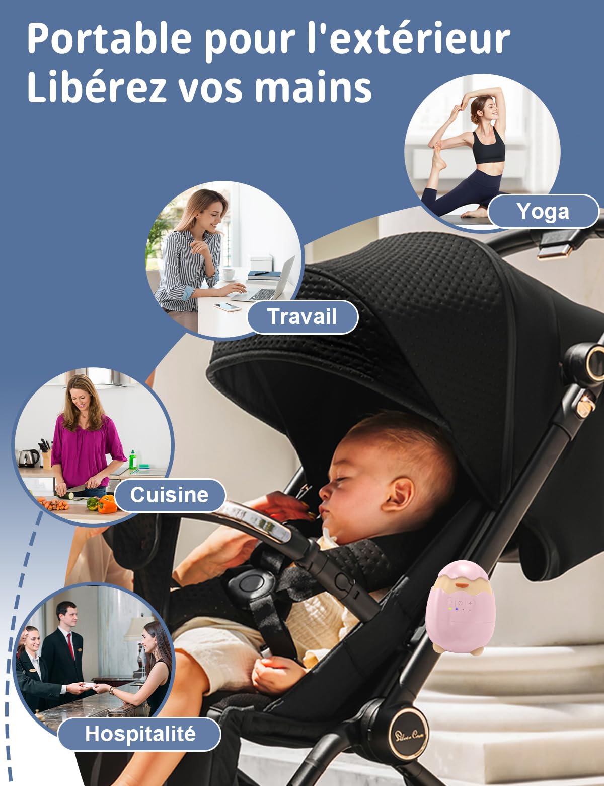 Robofun Balançoire Automatique Pour Bébé, Rocker Rechargeable- Accessoire Électrique Portable avec 30-60-90 Minuterie et 5 Vitesse Réglable - Compatible avec la Majorité des Poussettes, Rose