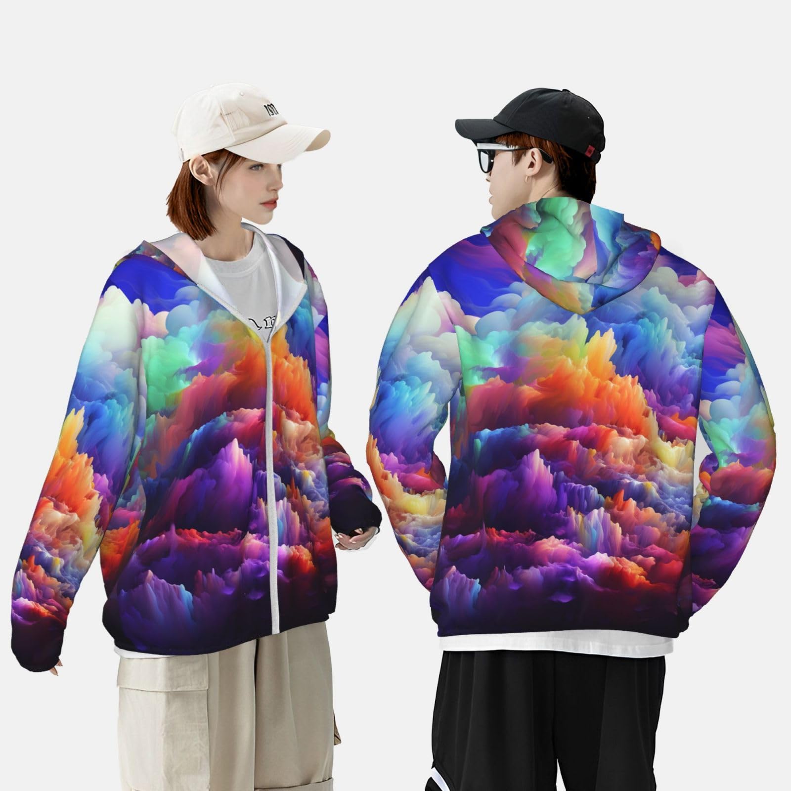 NONHAI Men's Sun Protection Jacket UPF 50+ Full Zipper Long Sleeve UV Hoodie Shirt Rainbow Cloud Women's Outdoor Jacket