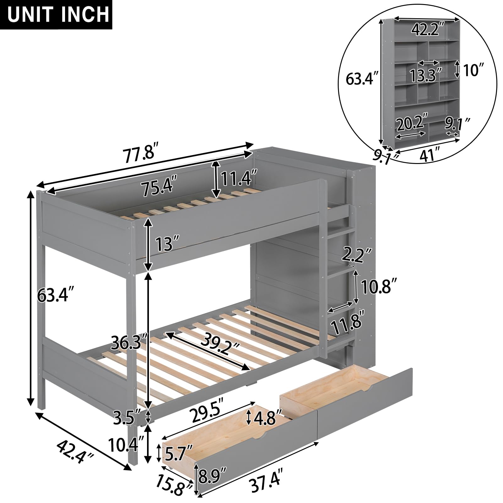 Merax Bunk Bed Twin Over Twin, Bunk Bed with Storage Bookcase, Wood Bunk Bed Frame with 2 Drawers and Multi-Layer Cabinet, Gray