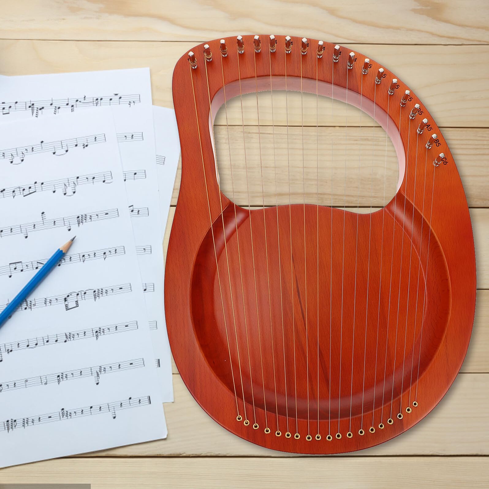 Cabilock Arpa Instrumento Musical Relajante de Lira Portátil 19 Cuerdas de Metal, Diseño Ligero de Plástico Marrón Adecuado para Niños y Principiantes