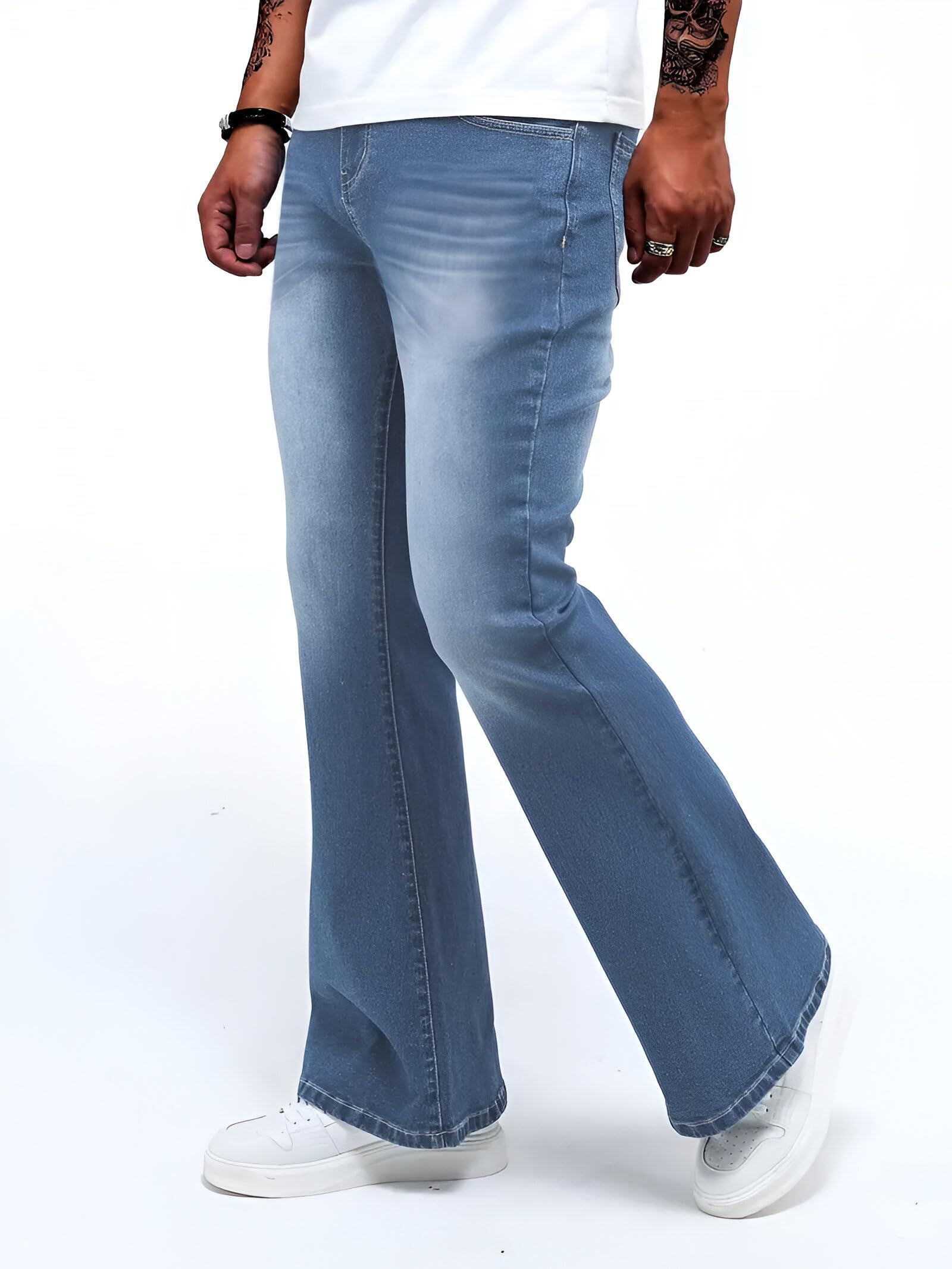 Ben Martin Vaqueros para hombre con parte inferior de campana, pantalones vaqueros de pierna ancha, pantalones vaqueros acampanados para hombre, cintura alta, elásticos, ajuste retro, pantalones