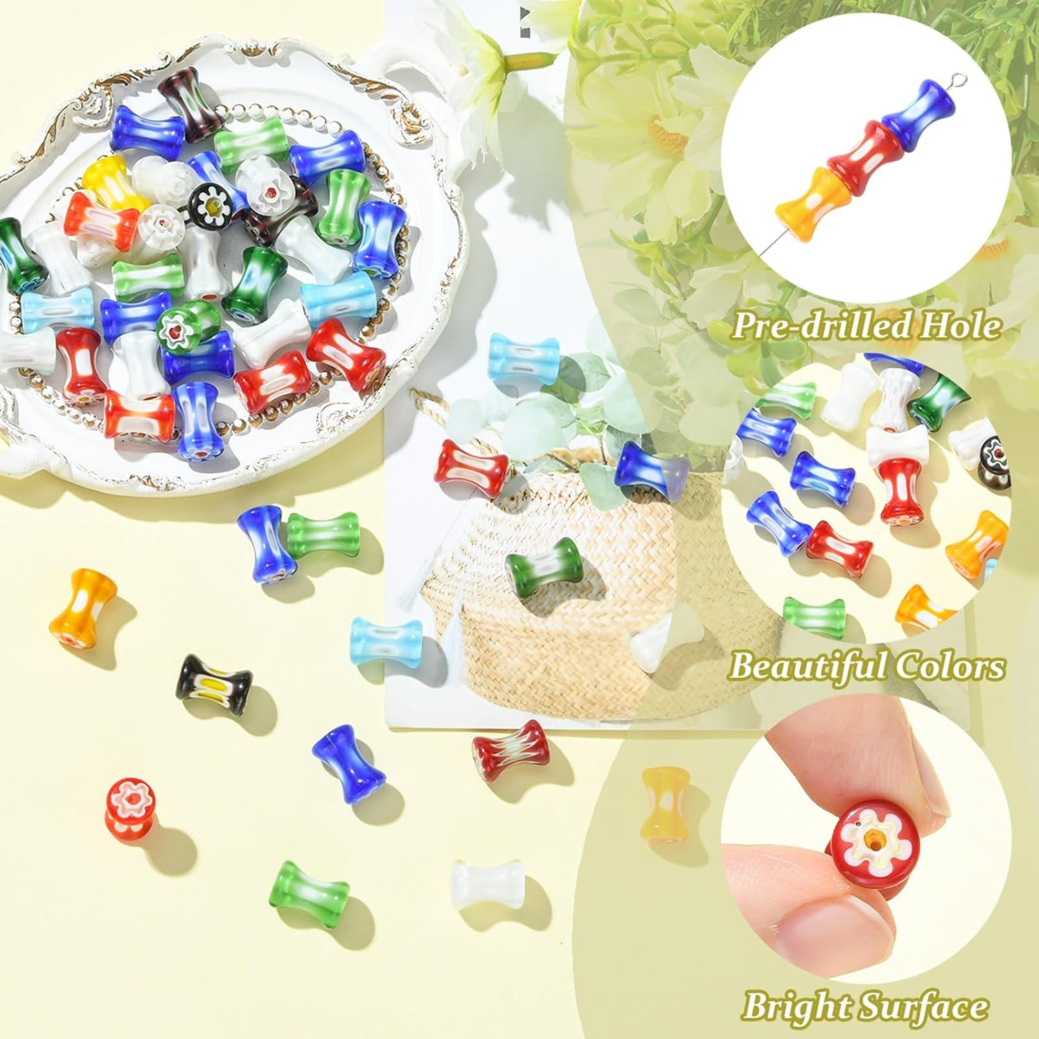 Stiesy 50Pcs Millefiori Glass Beads, Bamboo Joint Shape Mixed Color Lampwork Loose Spacer Beads for Jewelry Making, DIY Bohemian Style Bracelet and Necklace Craft image 3