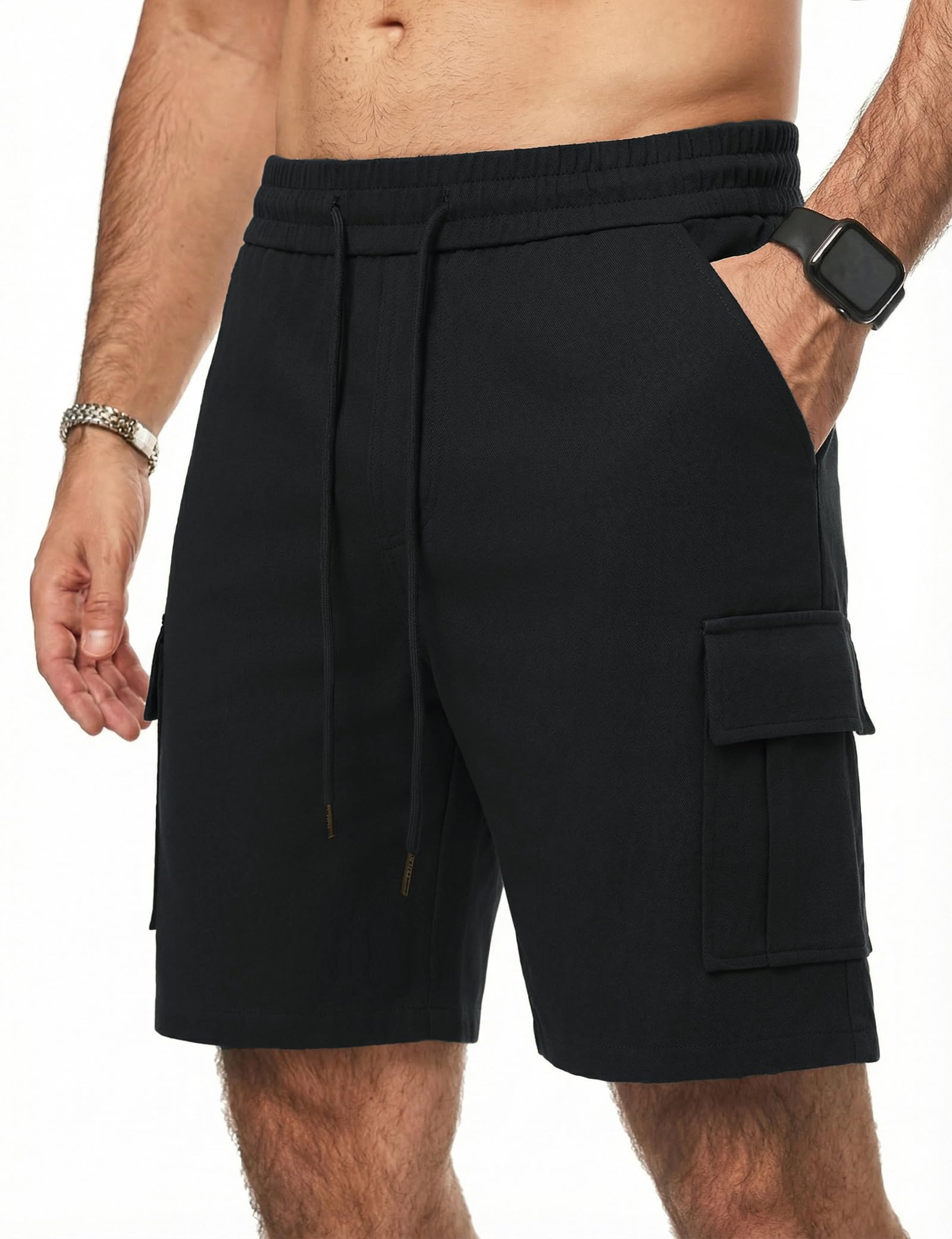 iClosam Herren Cargo Shorts Baumwolle mit elastischem Bund S bis 3XL | Kordelzug, Bermuda Länge, praktische Taschen, für den Sommer, Größen S bis 3XL