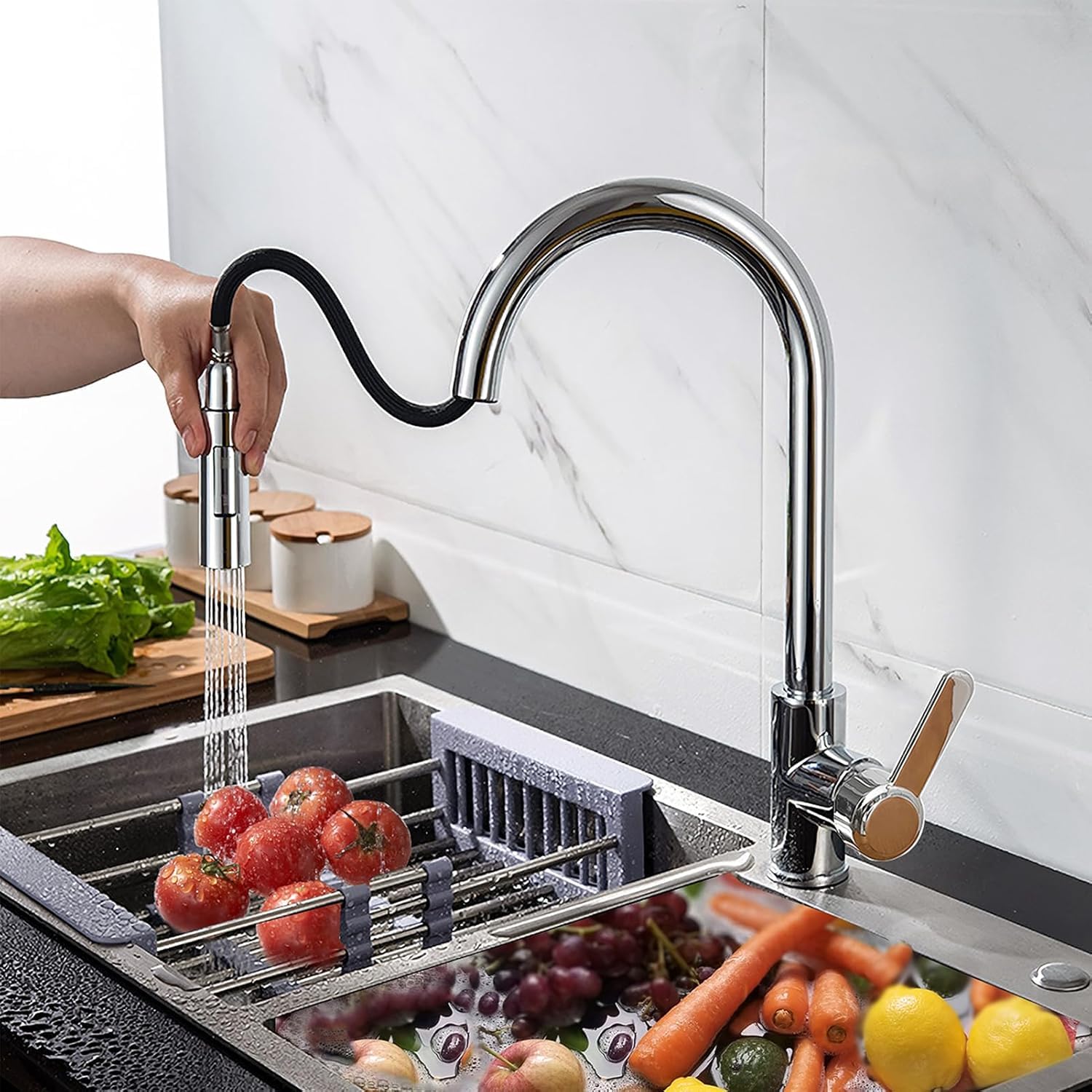 XWIHTR rubinetto da cucina estraibile a scomparsa, rubinetto da cucina girevole a 360°, miscelatore da cucina in acciaio inox a 2 modalità, rubinetto per lavello da cucina (cromato)