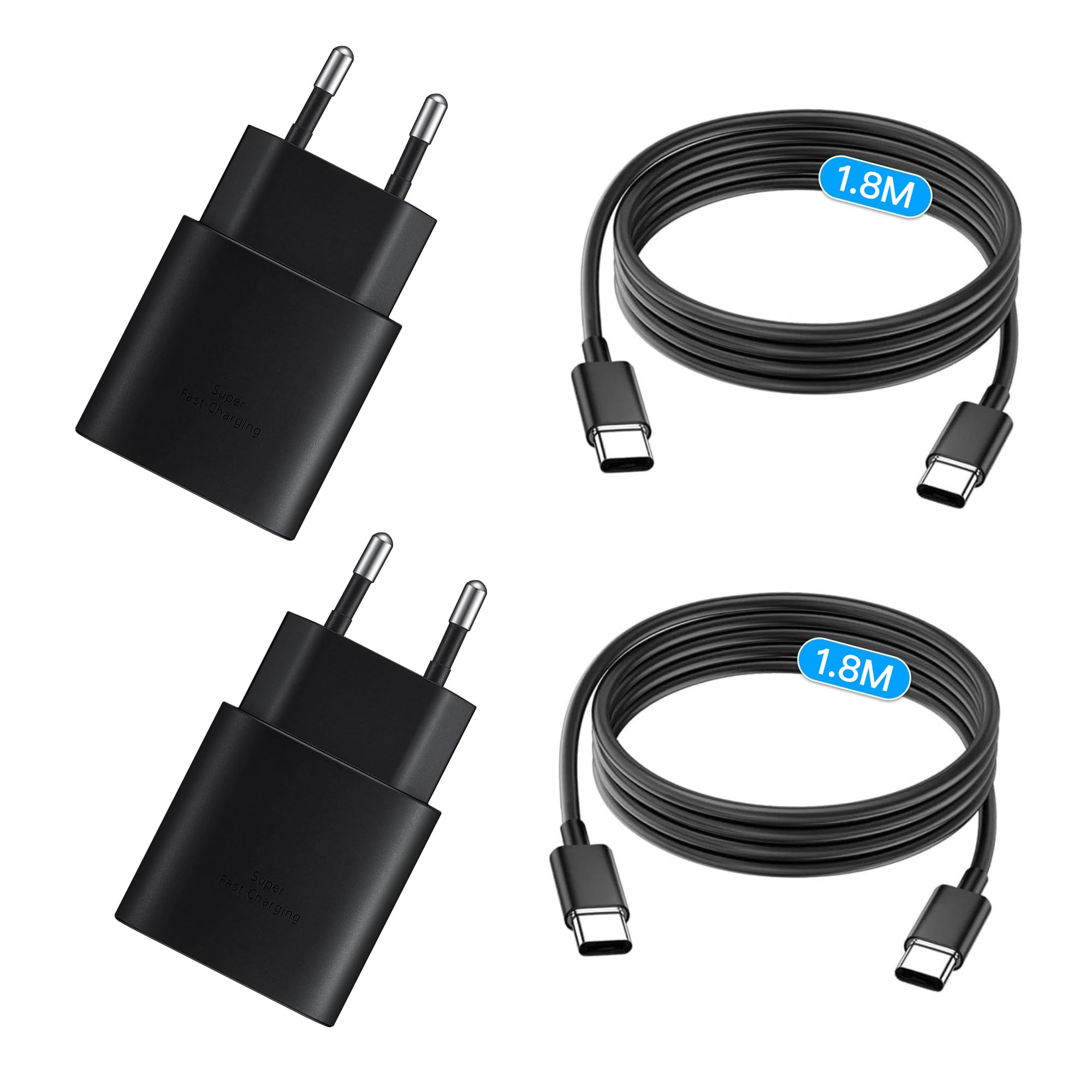 USB C Ladegerät 25W, USB C Ladekabel, 2er Pack Schnellladegerät mit 1,8M Ladekabel, Super Fast Charger für Samsung Galaxy S25 S24 S23 S22 S21 Ultra/Note/tab (Schwarz, Câble TPE - 1,8M)