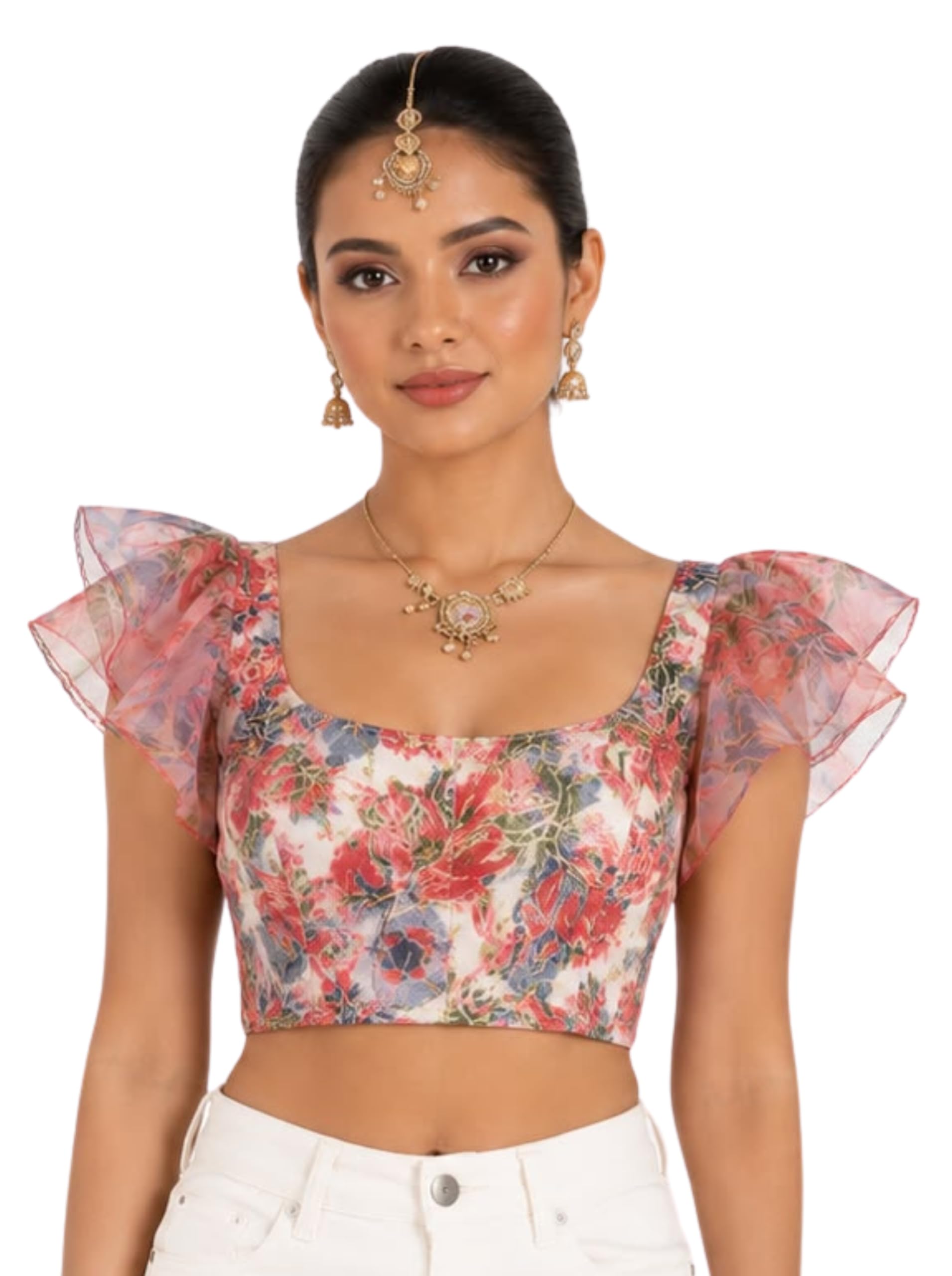 Women's Cotton Stretchable Floral Readymade Saree Blouse |Round Neck Ruffle Sleeve with Frill Design |Soft Breathable Cotton Ethnic Blouse for Women| Stylish Wear-picture-24