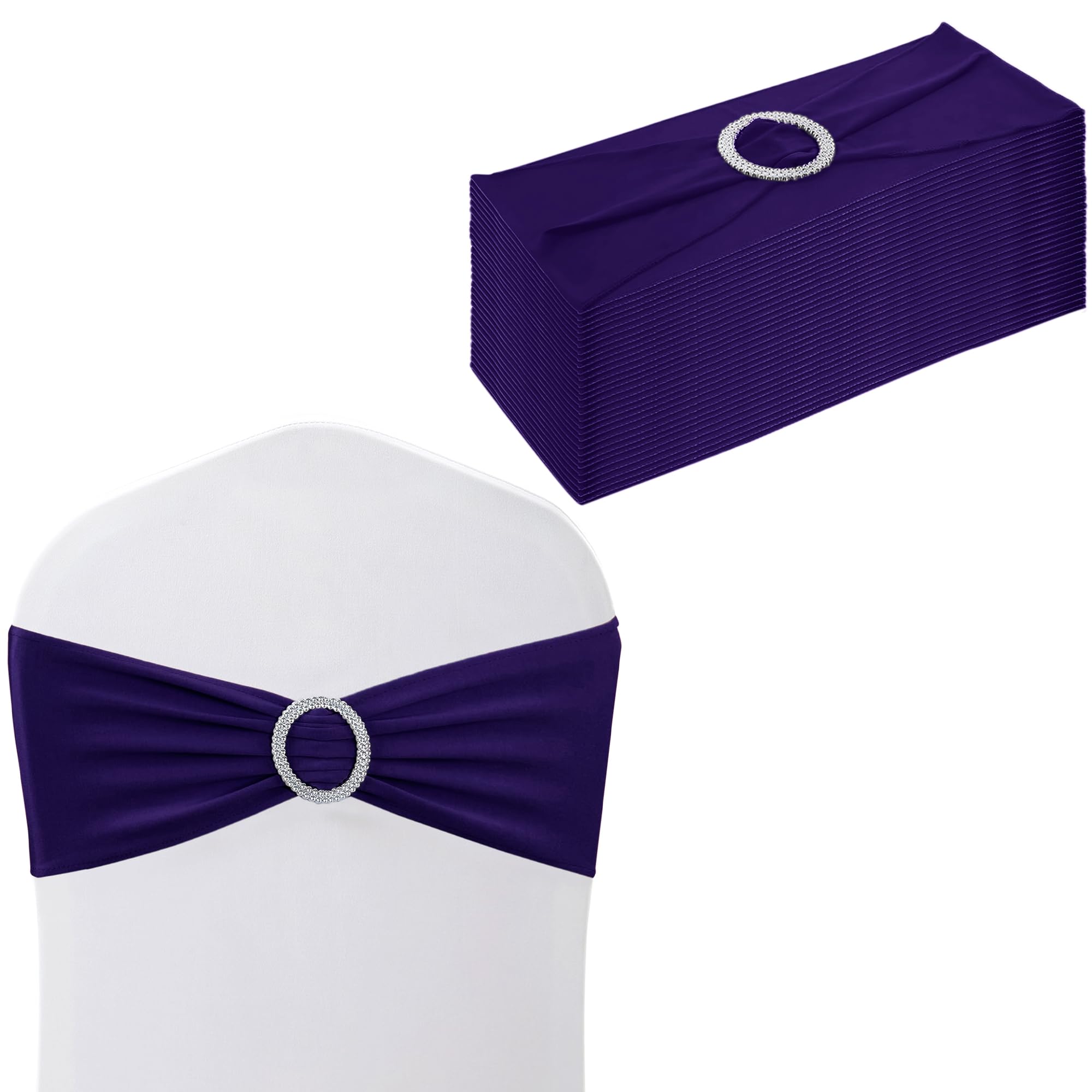 Trimming Shop 13"x5" Spandex Chair Bands with Slider Buckle – Stretchy Elastic Chair Sash, Chair Cover Bands for Wedding, Party, Reception, Banquet, Event & Venue Décor (Pack of 10, Dark Purple) — image 1