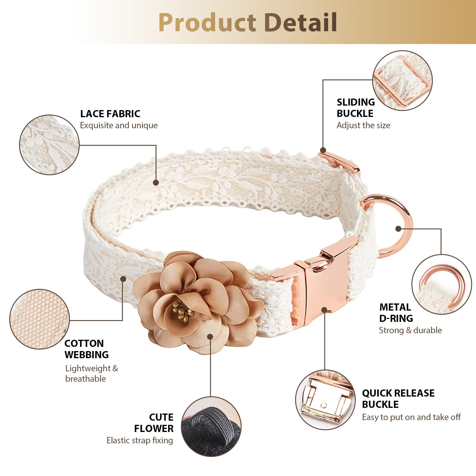 Fashion Flowers Embroidered Premium Lace Dog Collar Set with Metal Clasp Leash - Adjustable for Small, Medium, Large Dogs,M