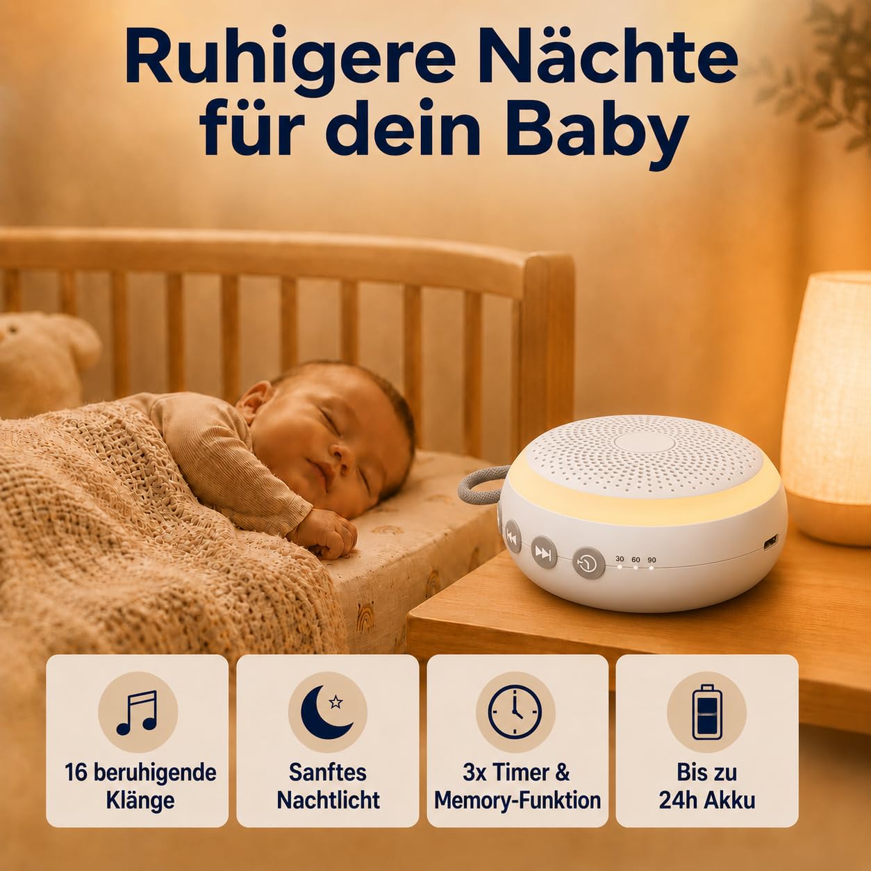 Baby White Noise Soundmaschine mit Nachtlicht - Tragbare Einschlafhilfe für Babys & Kinder, 16 beruhigende Geräusche, weißes Rauschen, Timer- & Memory-Funktion, bis zu 24h Akku, wiederaufladbar
