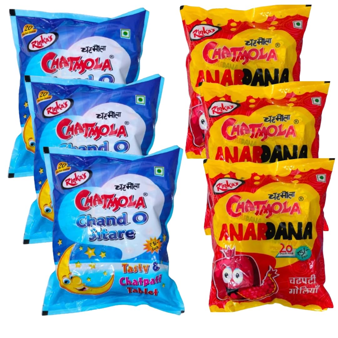 Rinka’s Chand Sitare and Anardana Packet Pouch | Chand Sitare Candy Chatpati Khatti Mithi Goli - 20 sachets in each | Anardana Candy | Freshener, Digestive,After-Meal | Anardana Churan Goli Pachak, Pomegranate Candy | Pack of 6