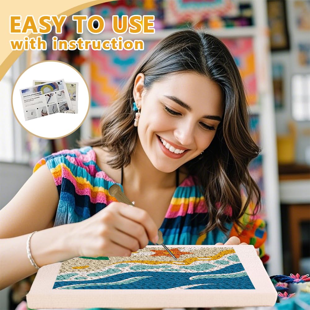DOODLREAM Beach DIY Punch Needle Embroidery Kit for Adult Beginner 24cm Summer Sea Wave Punch Stitching Craft Set for Starter with Frame Fabric Pattern - Image 3