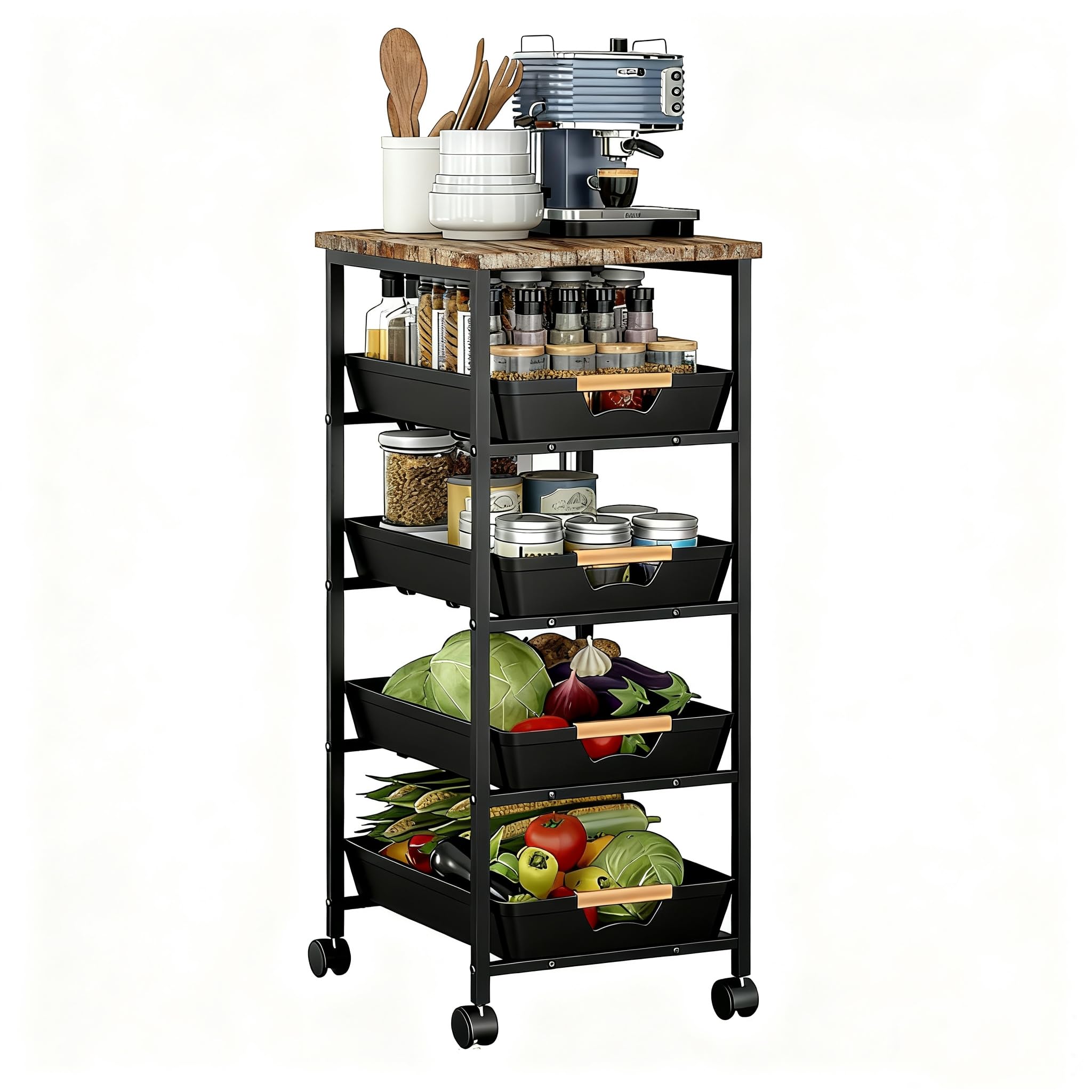Carrello multiuso a 5 ripiani con piano e cassetti in legno, struttura in metallo con ruote, per cucina, bagno, soggiorno, ufficio