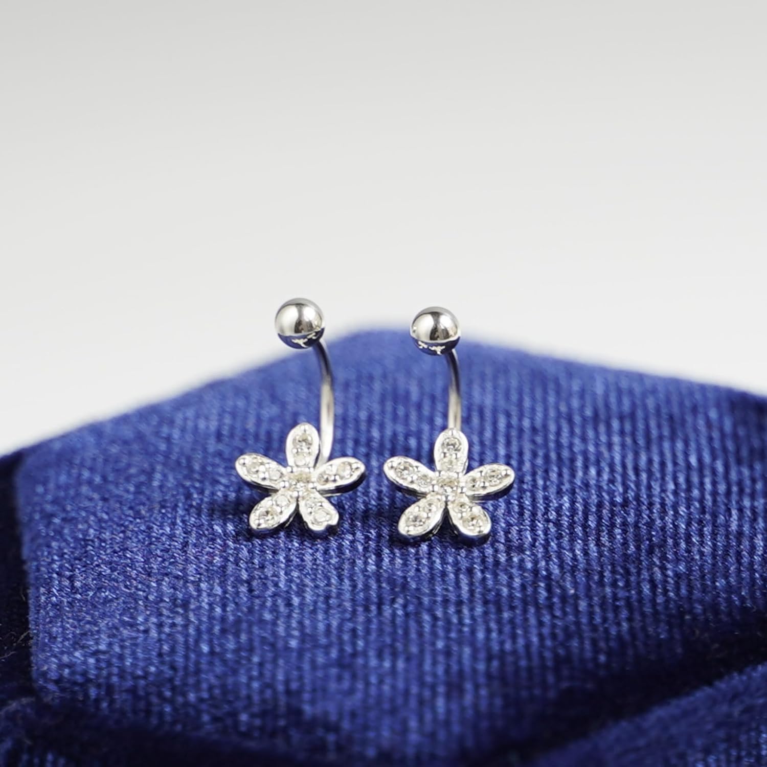 Fine Silver Paved CZ Flower Barbell Bead Ball Screw Back Jacket Earrings
