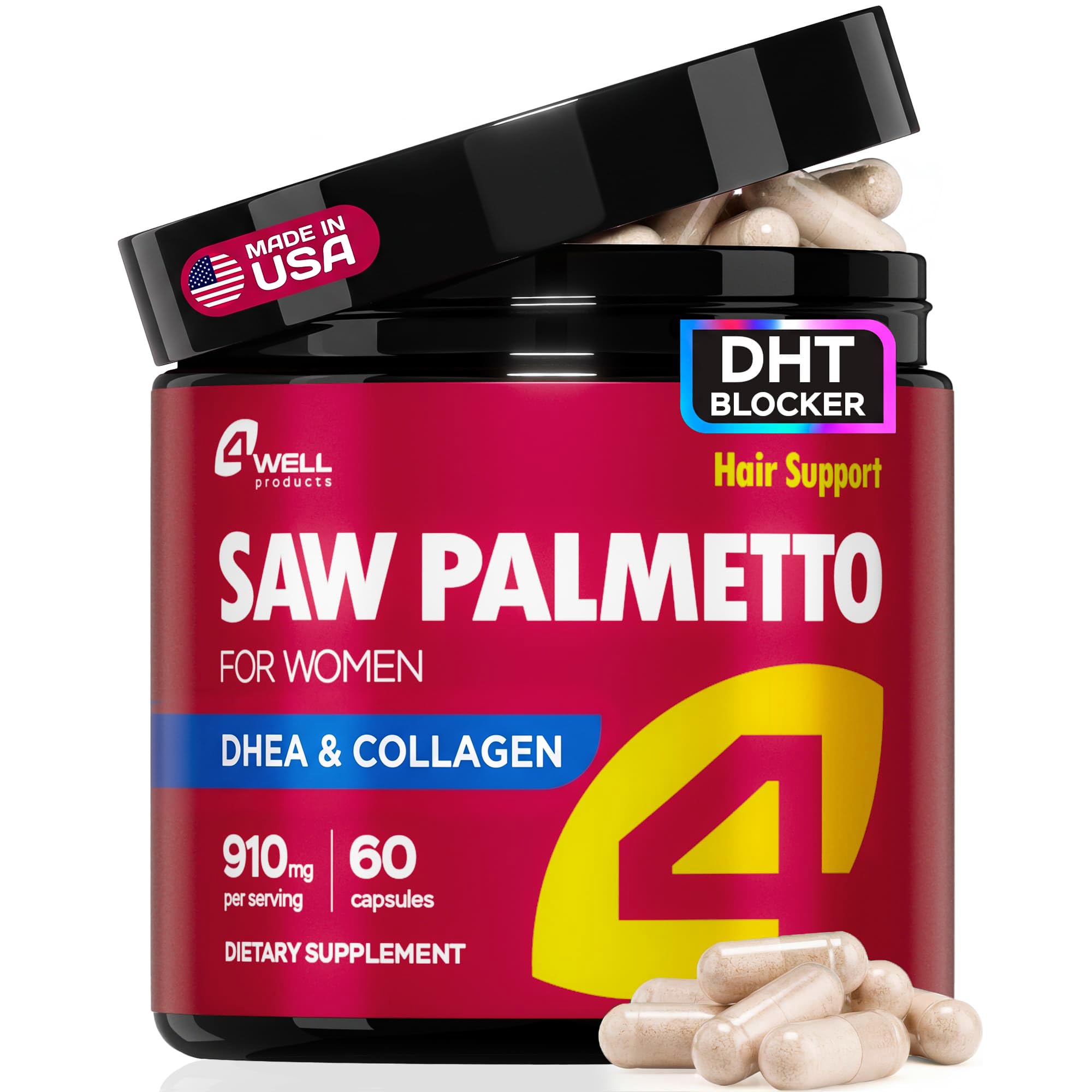 Saw Palmetto for Women 900mg – DHT Blocker for Hair Growth with DHEA & Collagen Peptides, Advanced Beauty Support Complex for Hair, Skin & Nails, DHEA Supplement, Thinning Support, 60 Capsules