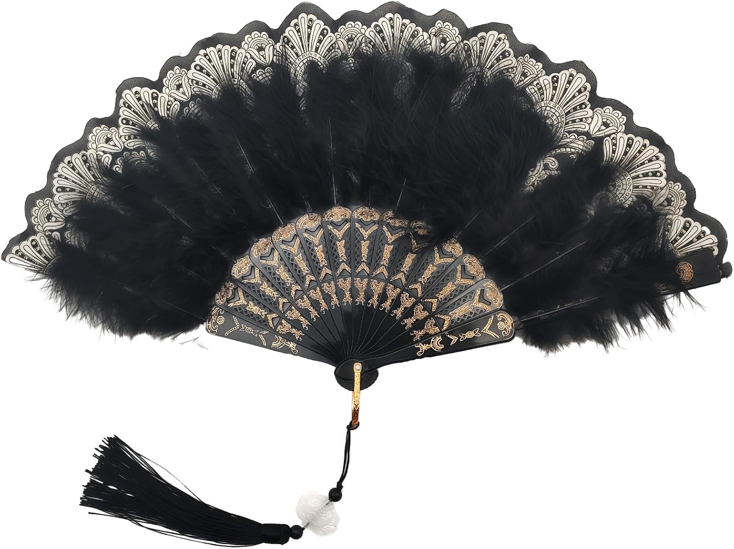Black Feather Fan Foldable Hand Fan for Wedding Guests 1920s Gatsby Party Renaissance Rave Fans Chinese Embroidered Folding Fans Costume Party Prom Dancing Flapper Accessories for Women