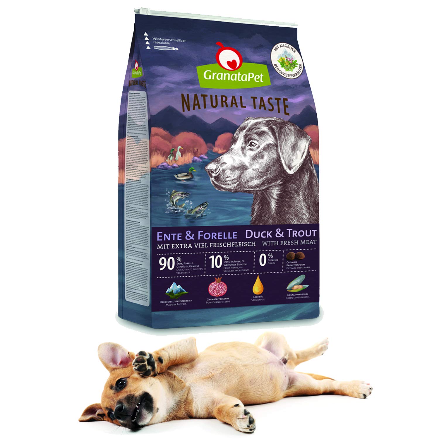GranataPet Natural Taste Kaczka i pstrąg, sucha karma dla psów, karma dla psów bez zbóż i bez dodatków cukru, pełnoporcjowa karma dla dorosłych psów, 12 kg