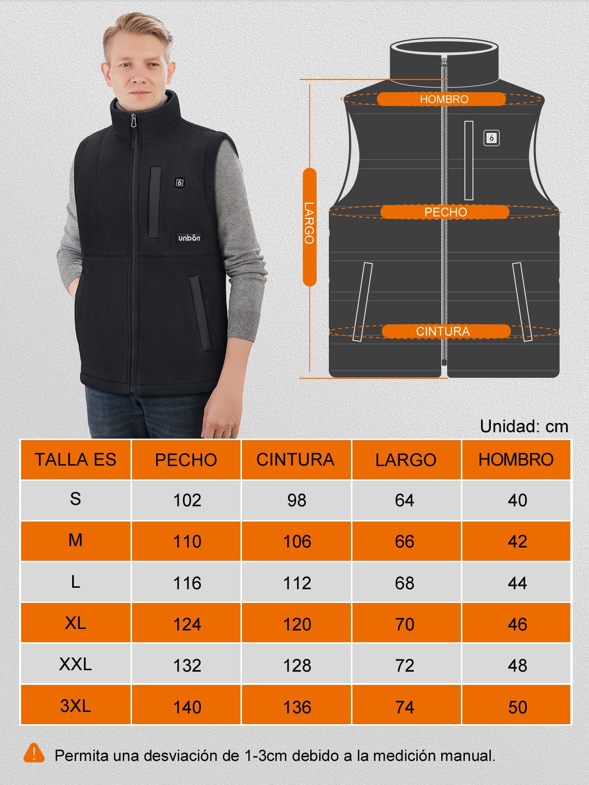 UNBON Chaleco Calefactable Hombre con Batería USB 10000mAh, Chaleco Térmico Eléctrico Polar, Chalecos Calefactor Hombre con 3 Temperaturas 6 Zonas Calefactables para Moto Caza Trabajo, Negro, S