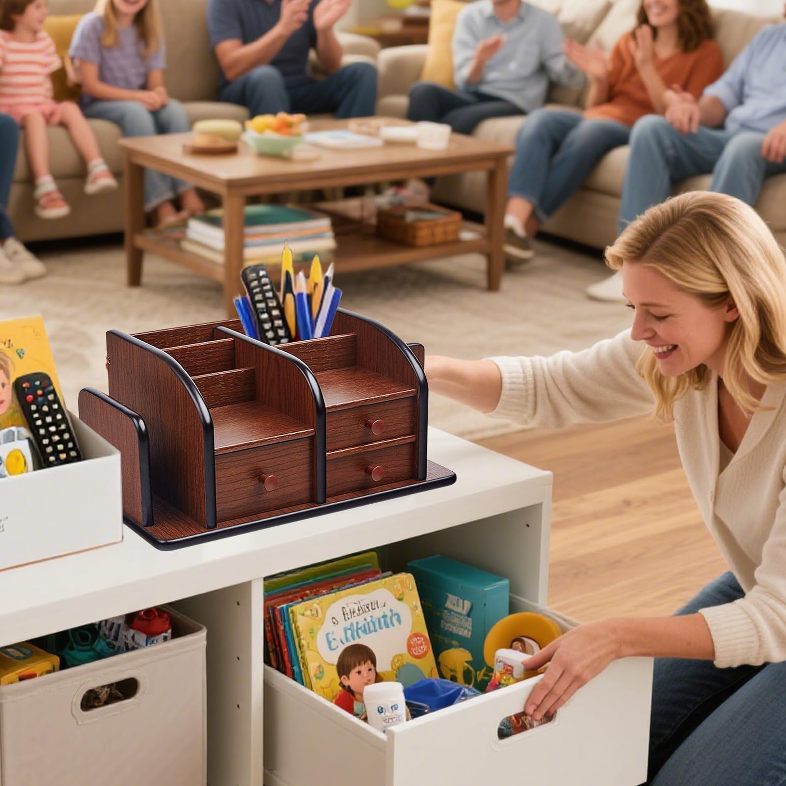 Soporte Control Remoto de Mesa Estante Cargador Con Cajón Y Libreta | Organizador De Escritorio En Madera Con Cajones Llaves Bloc Notas Lápiz Suministros Oficina Muebles Pequeños Café Mesita