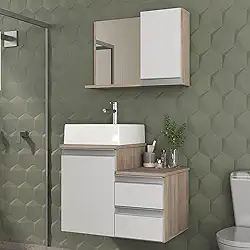 Gabinete Banheiro Cross 60cm com Cuba e Espelho (Madeirado/Branco)