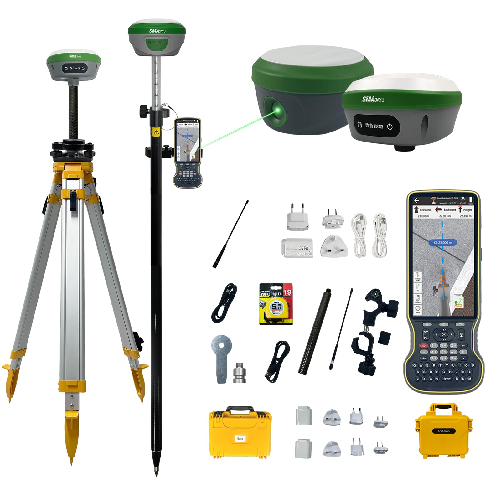 SMA28H Laser RTK &amp; SMA26 Pro Base GNSS Survey System | 2cm Accuracy Non-Contact Laser Measurement (30m), AR Real Scene Stakeout, 120° Tilt Survey, 15km UHF (Included Tripod &amp; Pole &amp; Tribrach)