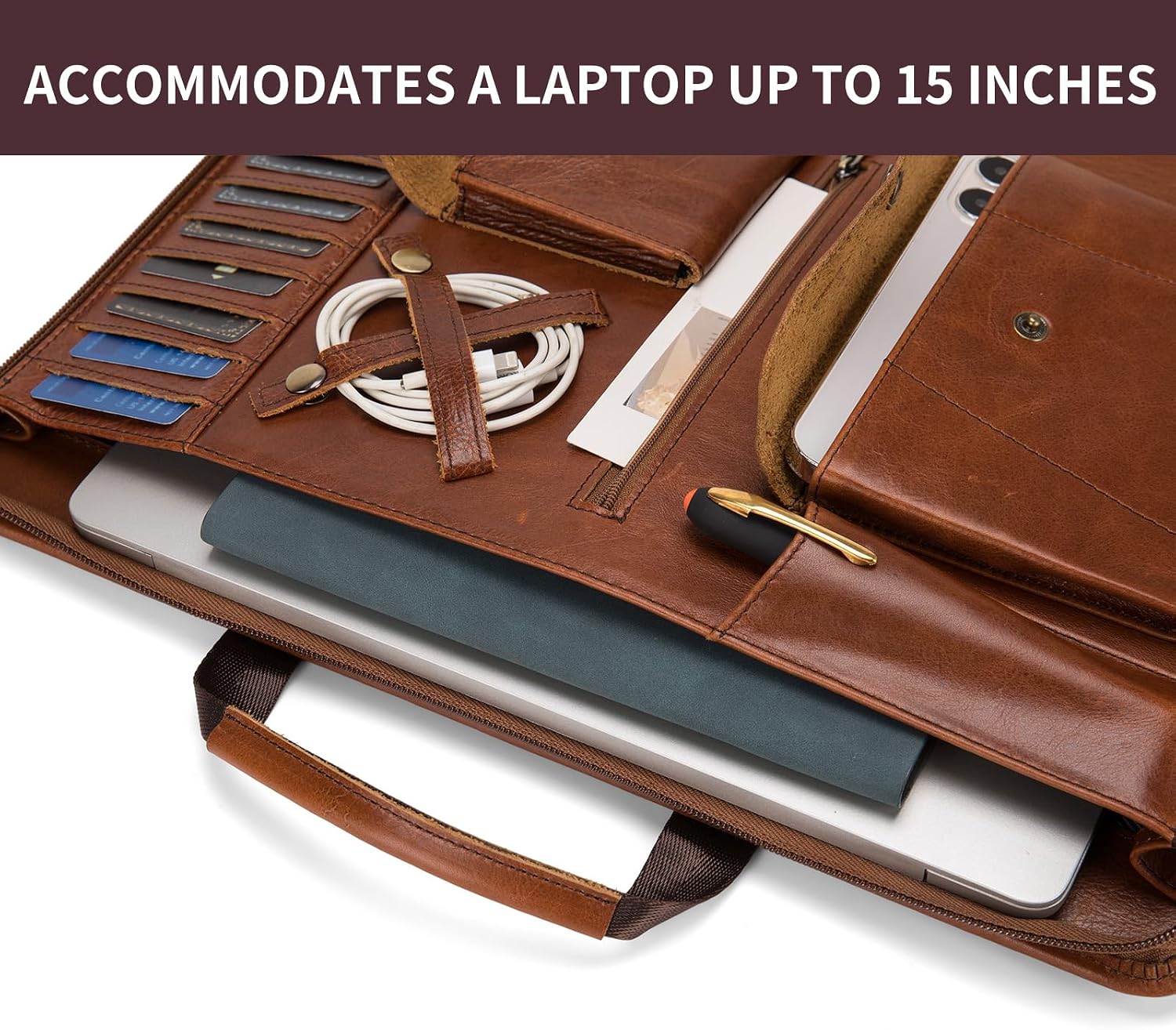 Genuine Leather Padfolio for Legal Size (8.5 x 14”) Pad, Clipboard Portfolio with Handle, 15” Laptop Holder, Zippered Organizer Contractor Folder with Pen Loops for Women Men, Brown, Oil Tanned