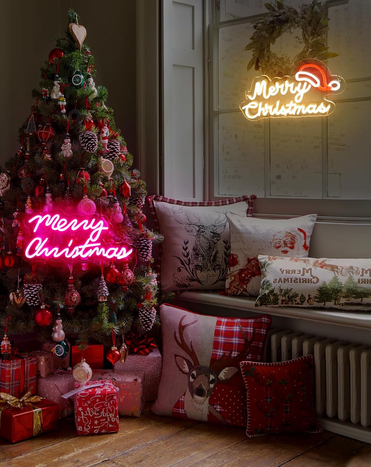 Shine Decor Merry Christmas Neon Sign, Dimmable USB & Battery Powered Pink Light Up Sign, Christmas Decor for New Year Bedroom Wall Birthday Party Window 15.75'x7.4''