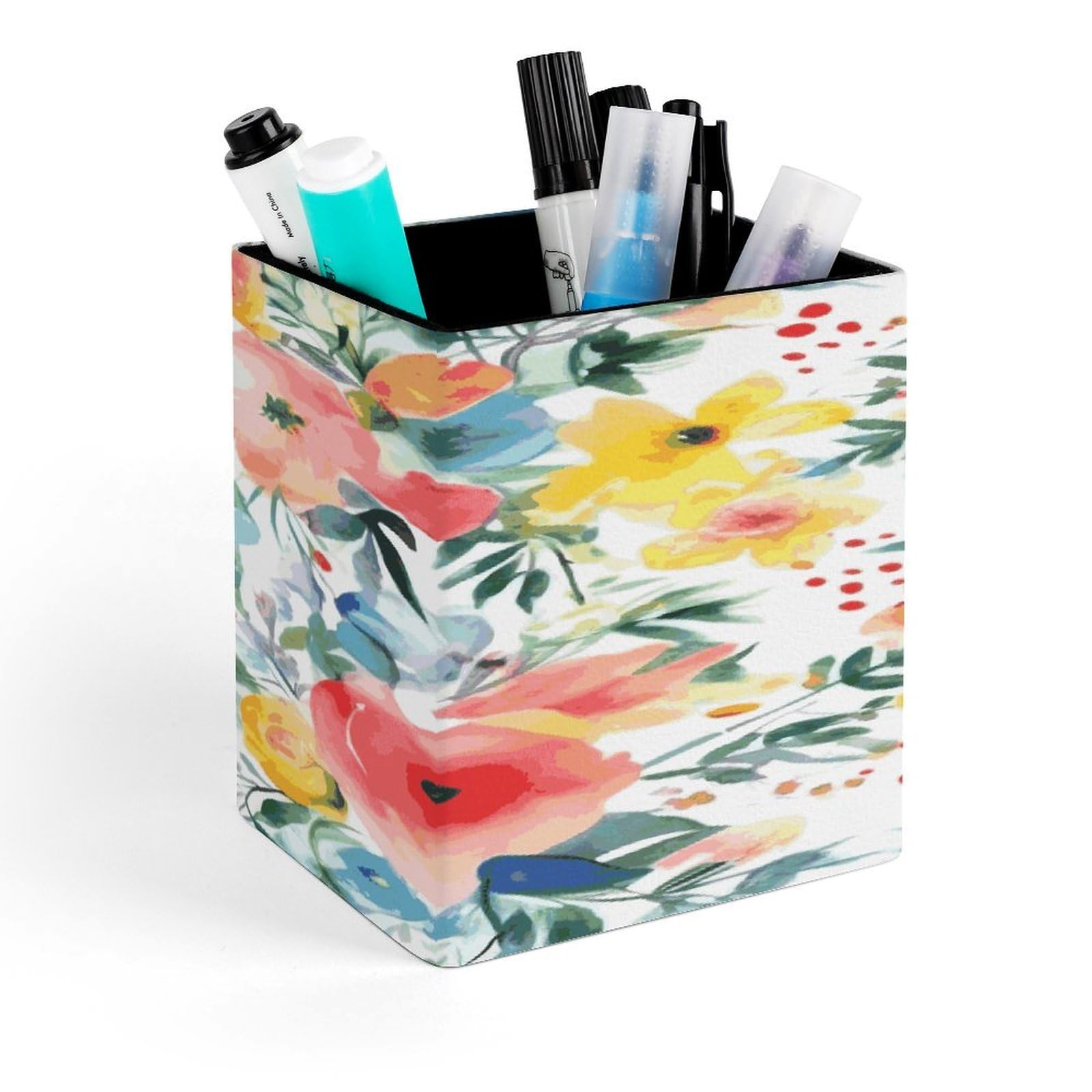 JTREHY Bright Floral Watercolor Pen Holder Square Pen Pencil Holder Makeup Brush Holders Cup PU Leather Pencil Cups Desktop Caddy Stationery Organizer Case Office Accessories Container Box