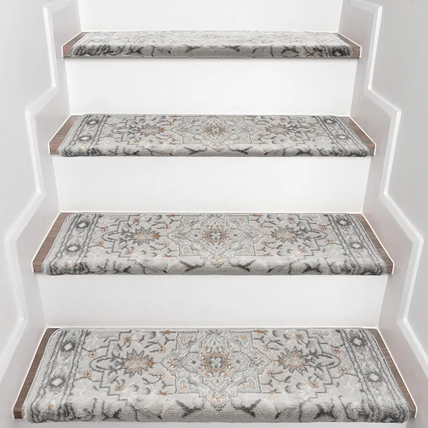 Bullnose Stair Treads, Set of 15 Peel and Stick Stair Treads Bullnose with Tape, 30"x9.5"x1.7" Non Slip Bullnose Stair Treads for Wooden Steps, Greyish White, Persian Pattern