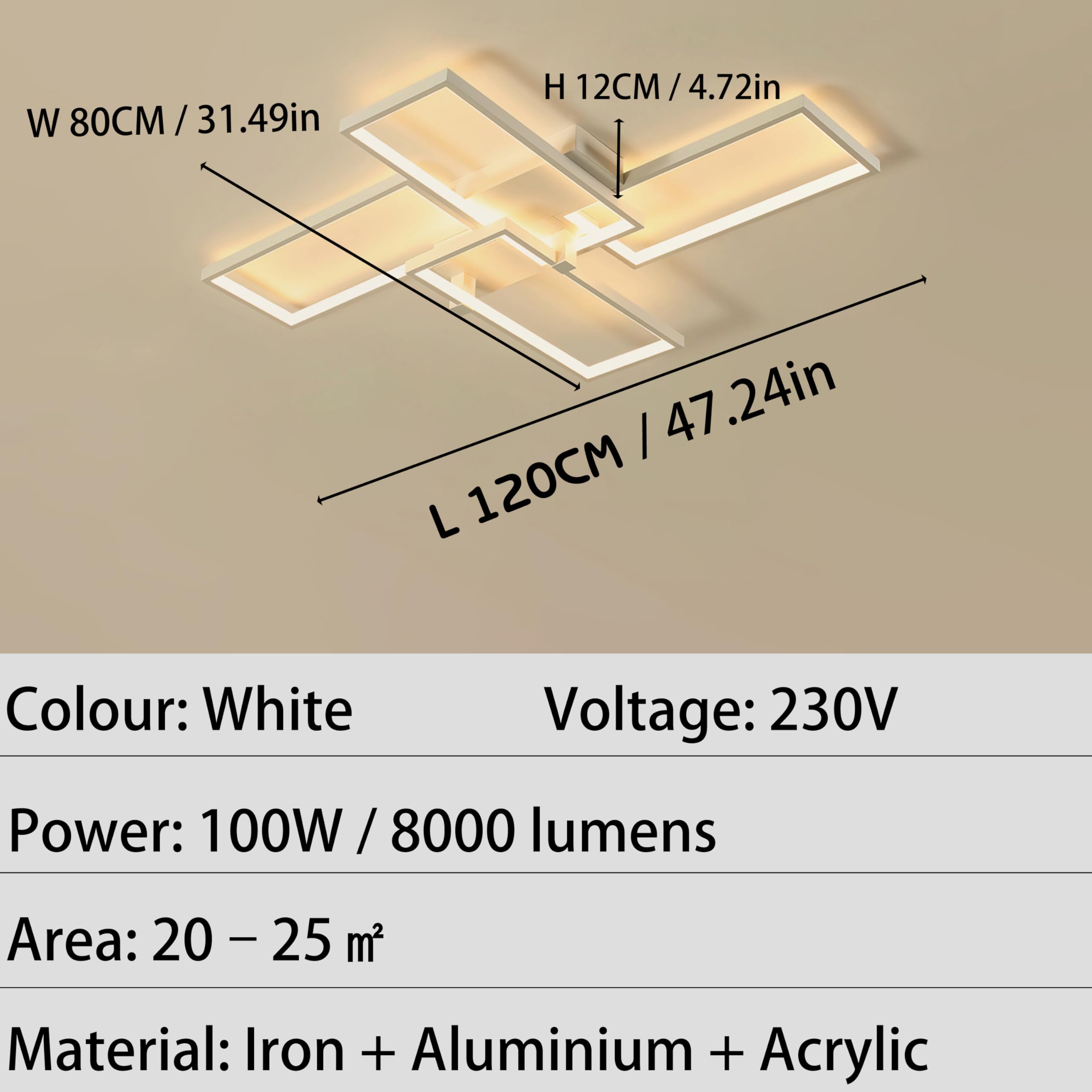 Oświetlenie sufitowe LED Nowoczesne prostokątne lampy sufitowe z pilotem Aluminiowa konstrukcja Oświetlenie wewnętrzne Żyrandol podtynkowy do sypialni jadalni salonu (Biały, 120CM)